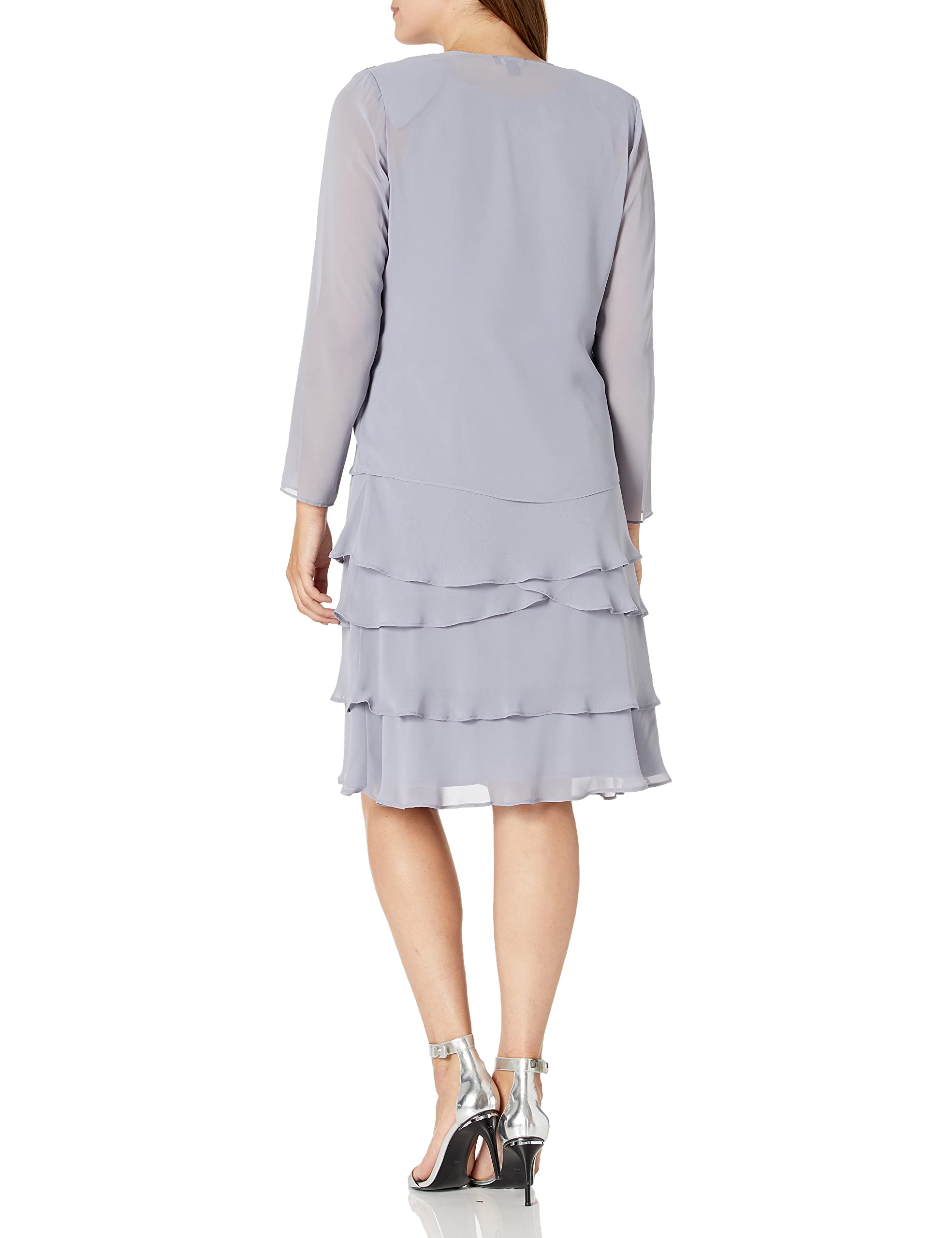 Elegant Women's Mother of The Bride Tiered Jacket Dress with Shoulder Embellishment - Petite & Regular Sizes | Formal Wedding Guest Outfit for Special Occasions