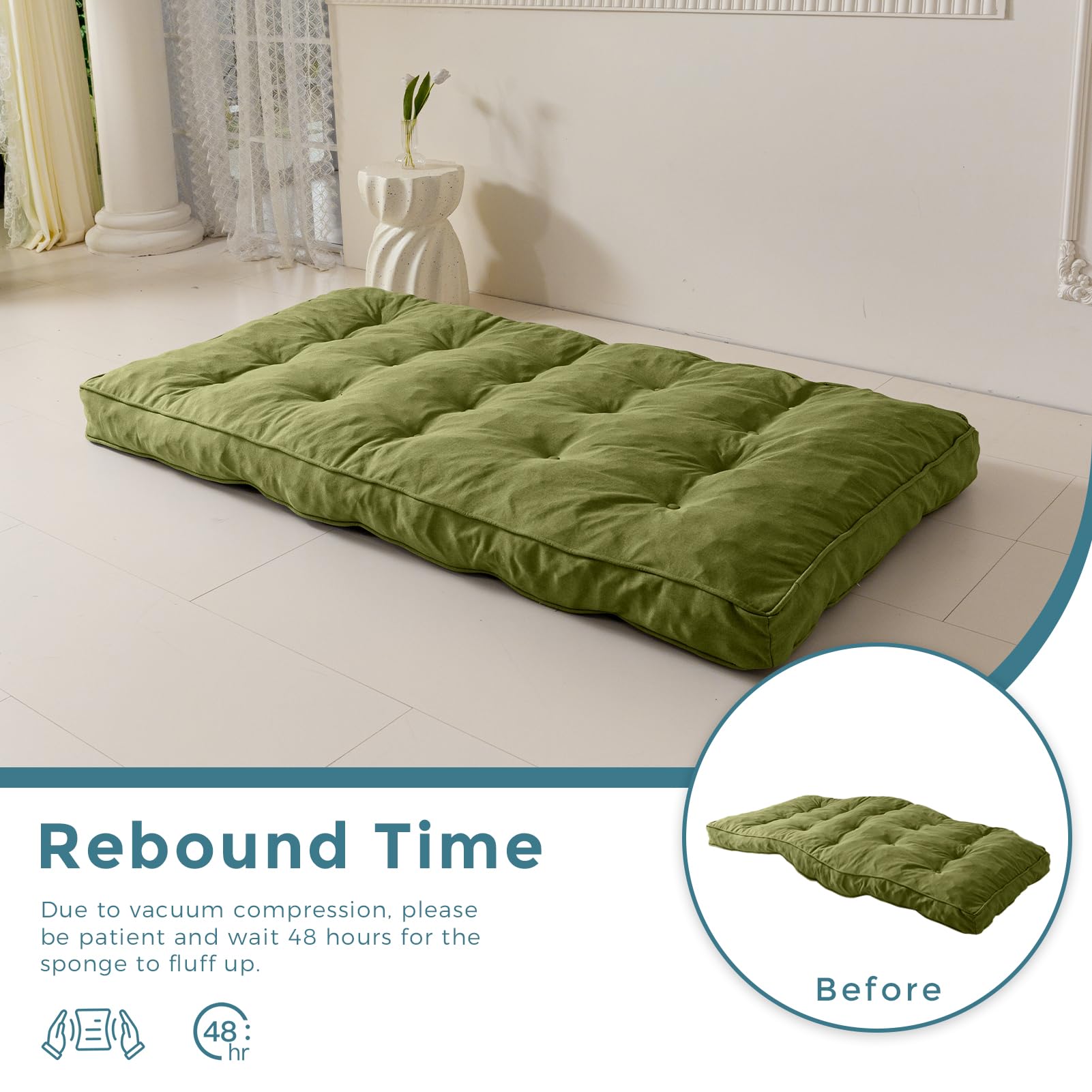 YOSHOOT 6 Inch Queen Size Futon Mattress - Thick Shredded Foam Sofa Bed for Adults - Medium Firm Floor Mattress - Green (Frame Not Included) - Perfect for Guest Beds, Small Apartments & Dorm Rooms