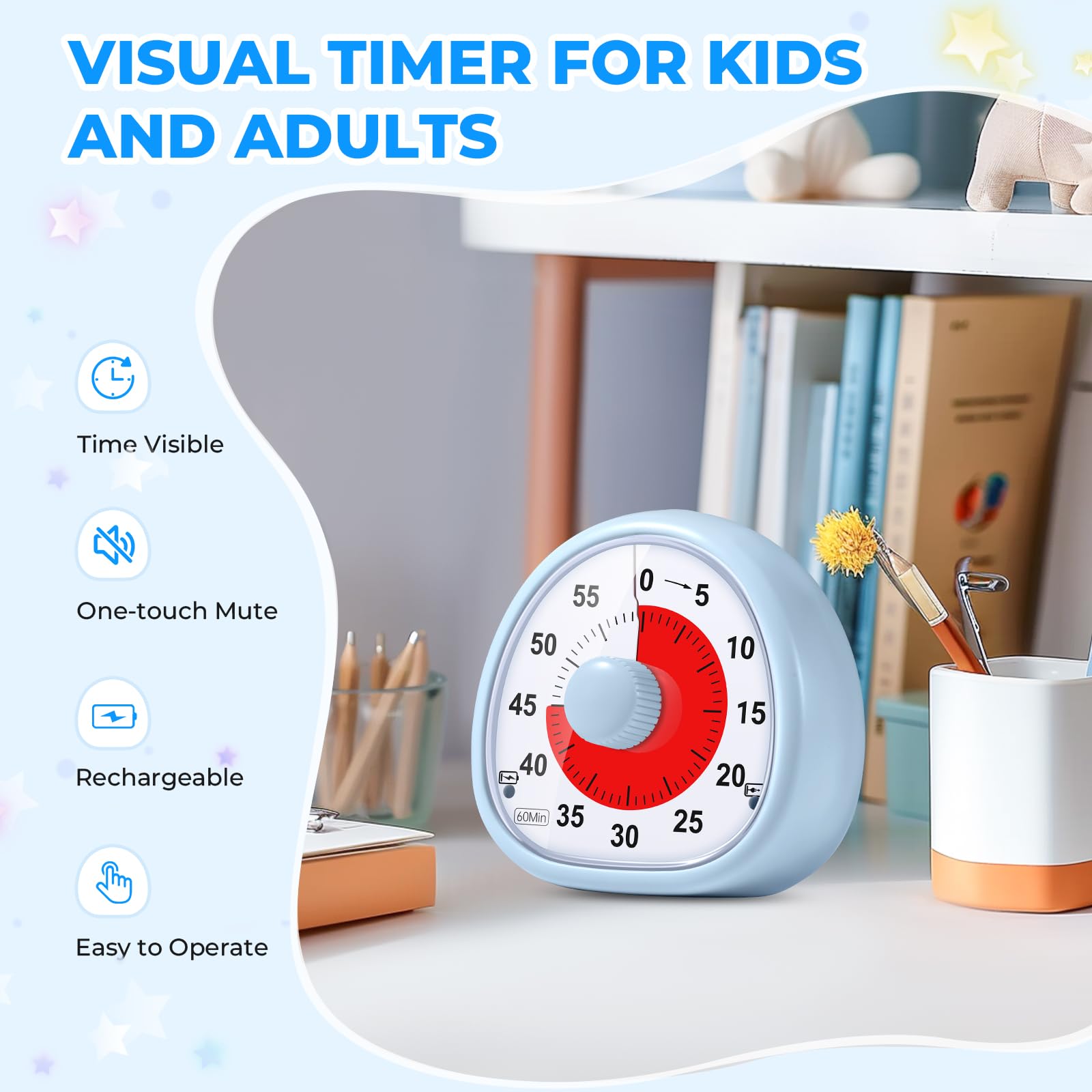 Rechargeable 60-Minute Visual Timer for Kids - Silent Countdown Clock, Time Management Tool for Classroom, Kitchen, Bathroom, Homework & Study (Blue) - Perfect for Focus, Chores & Learning Activities