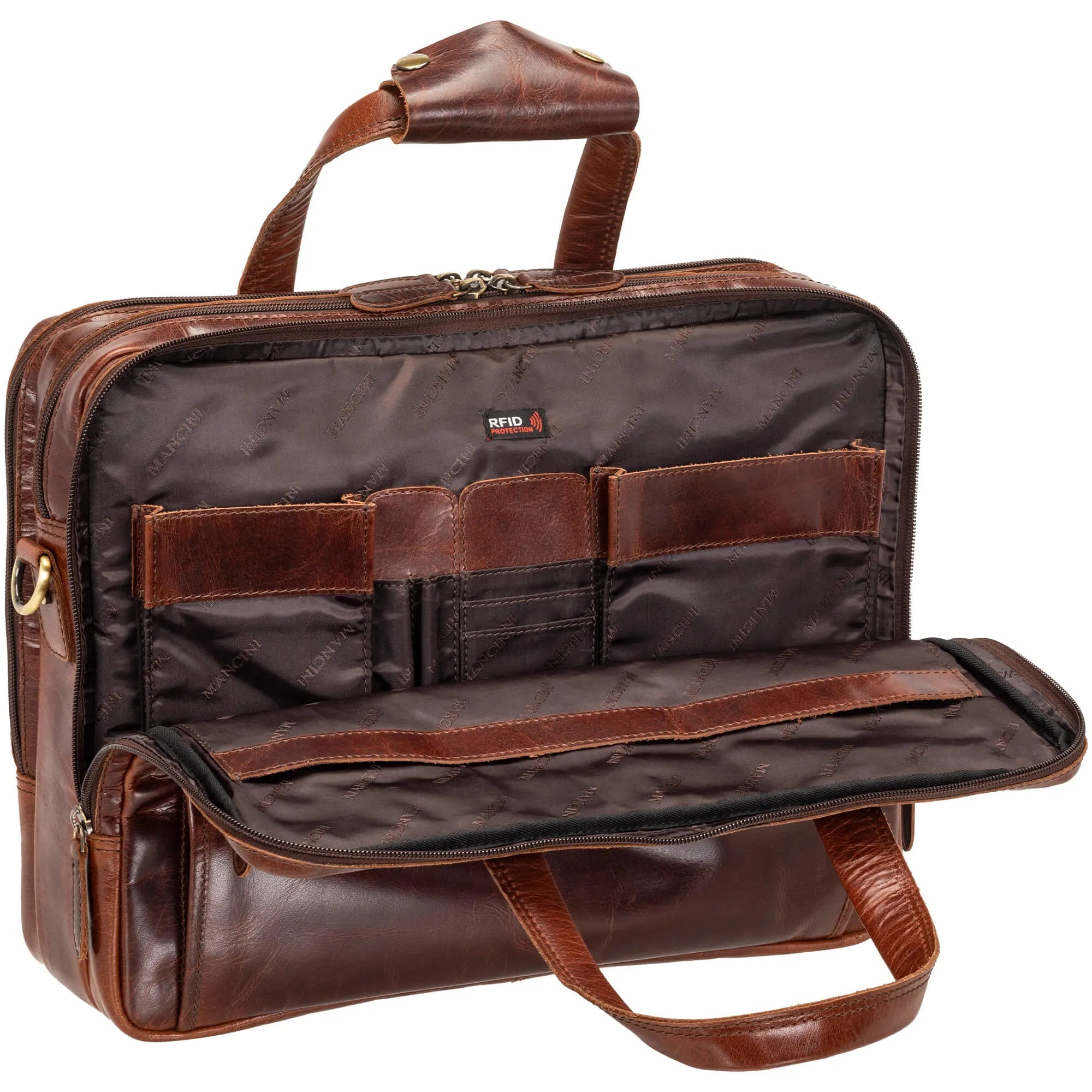 Mancini Buffalo Triple Compartment Leather Briefcase for 15.6 Inch Laptop & Tablet - Professional Business Bag for Work, Office & Travel