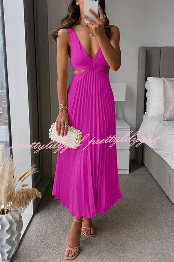 Elegant Summer Floral Print Pleated Cutout Waist Loose Midi Dress for Women - Perfect for Beach Vacations, Garden Parties & Casual Outings