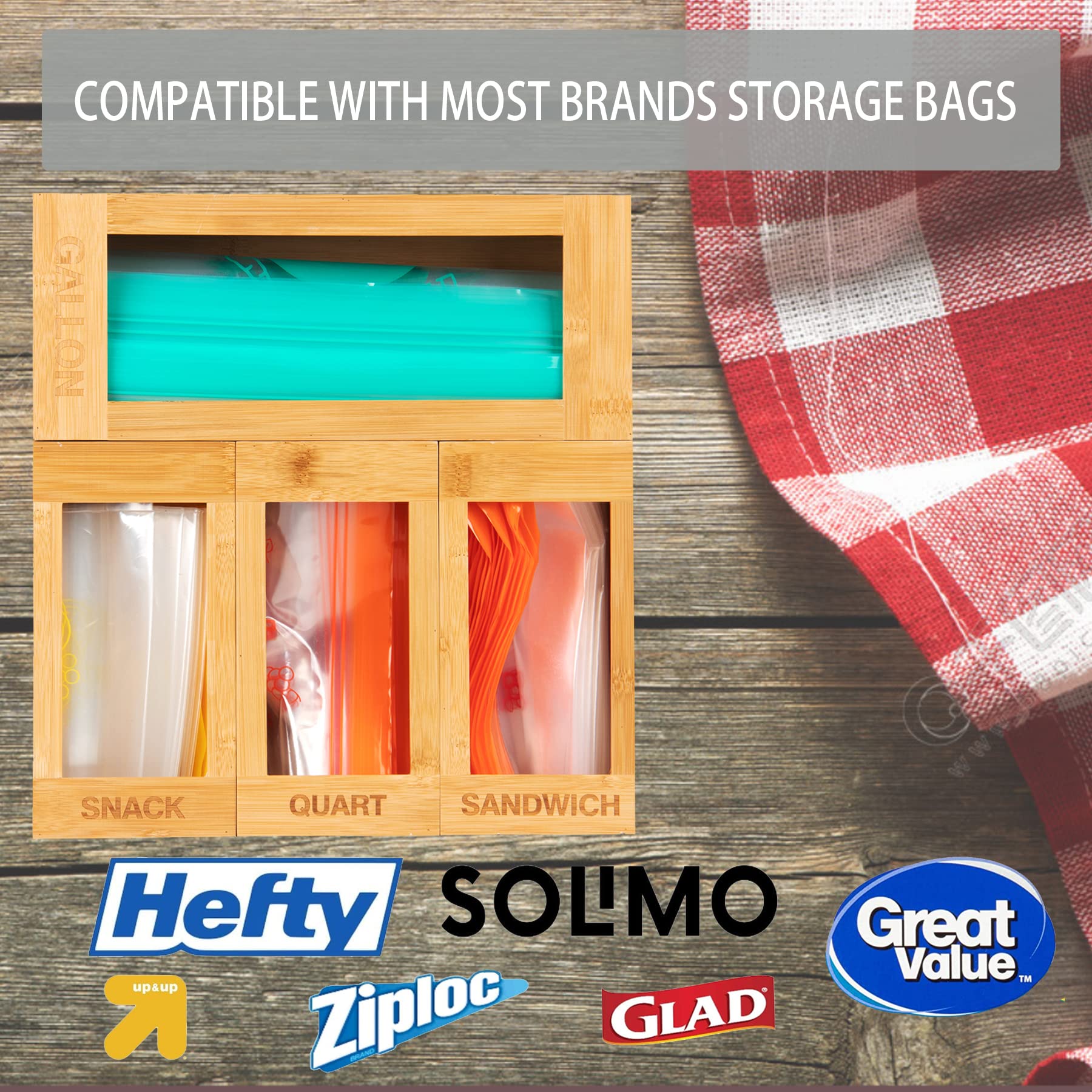 Bamboo Food Storage Bag Organizer - Kitchen Cabinet & Drawer Organizer for Gallon, Quart, Sandwich & Snack Bags | Space-Saving Kitchen Storage Solution for Pantry Organization