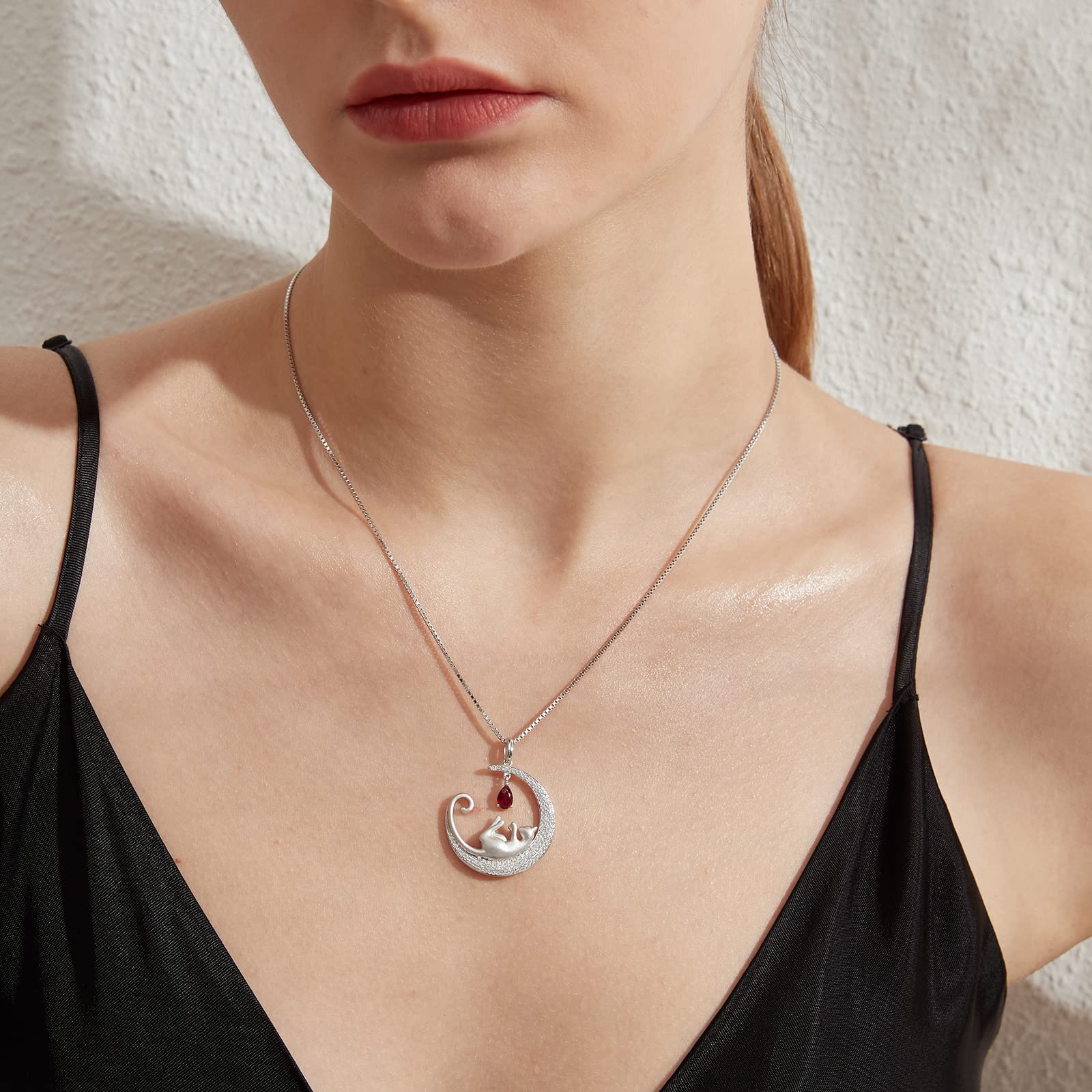 18K White Gold Plated Cat Necklace - 925 Sterling Silver Diamond Cat Pendant with Moon Charm - Elegant Jewelry Gift for Women (Birthday/Christmas) - Perfect for Date Nights, Parties & Special Occasions - Includes Gift Box