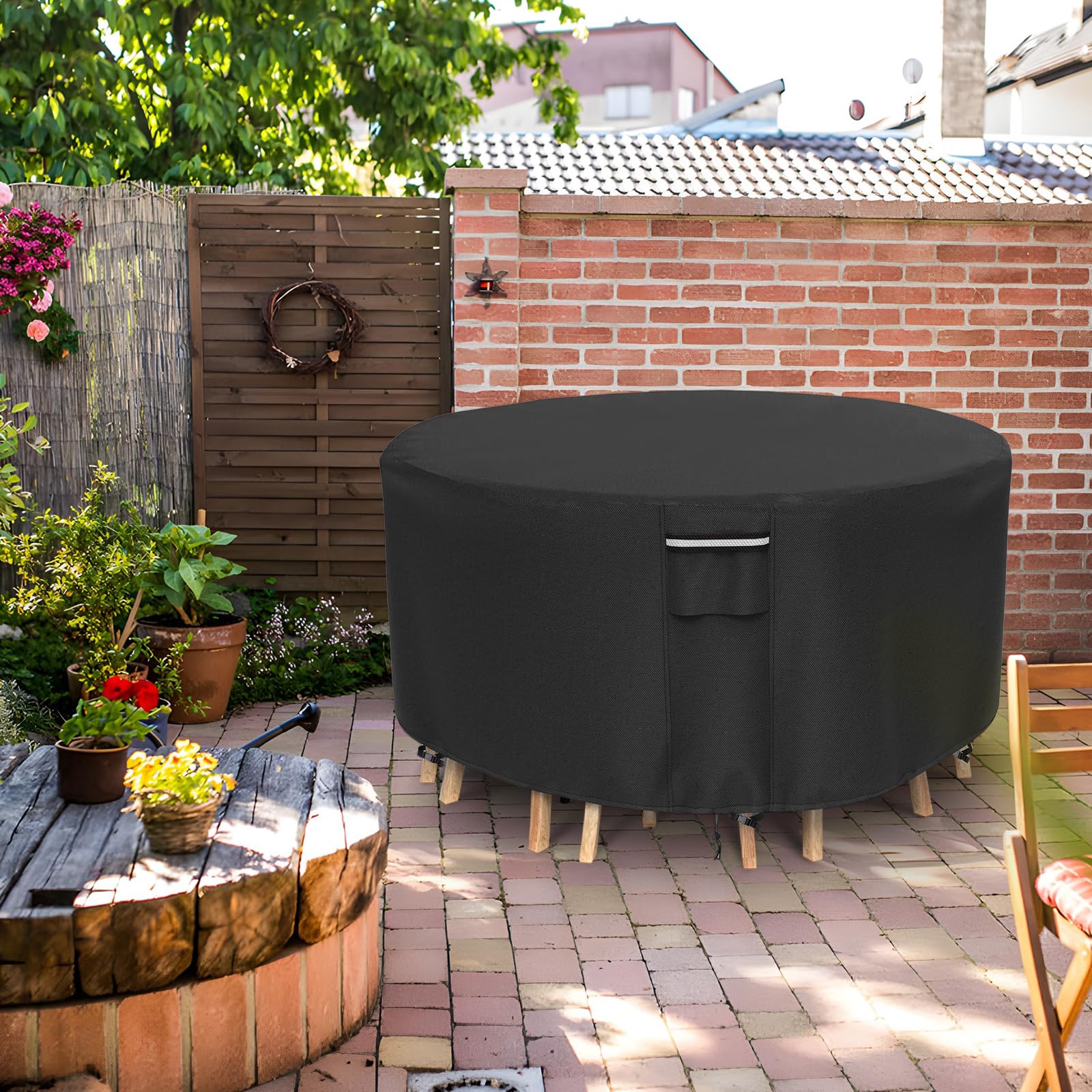 Heavy Duty 500D Waterproof Round Patio Furniture Cover - UV Resistant Outdoor Dining Table & Chairs Protector, 72