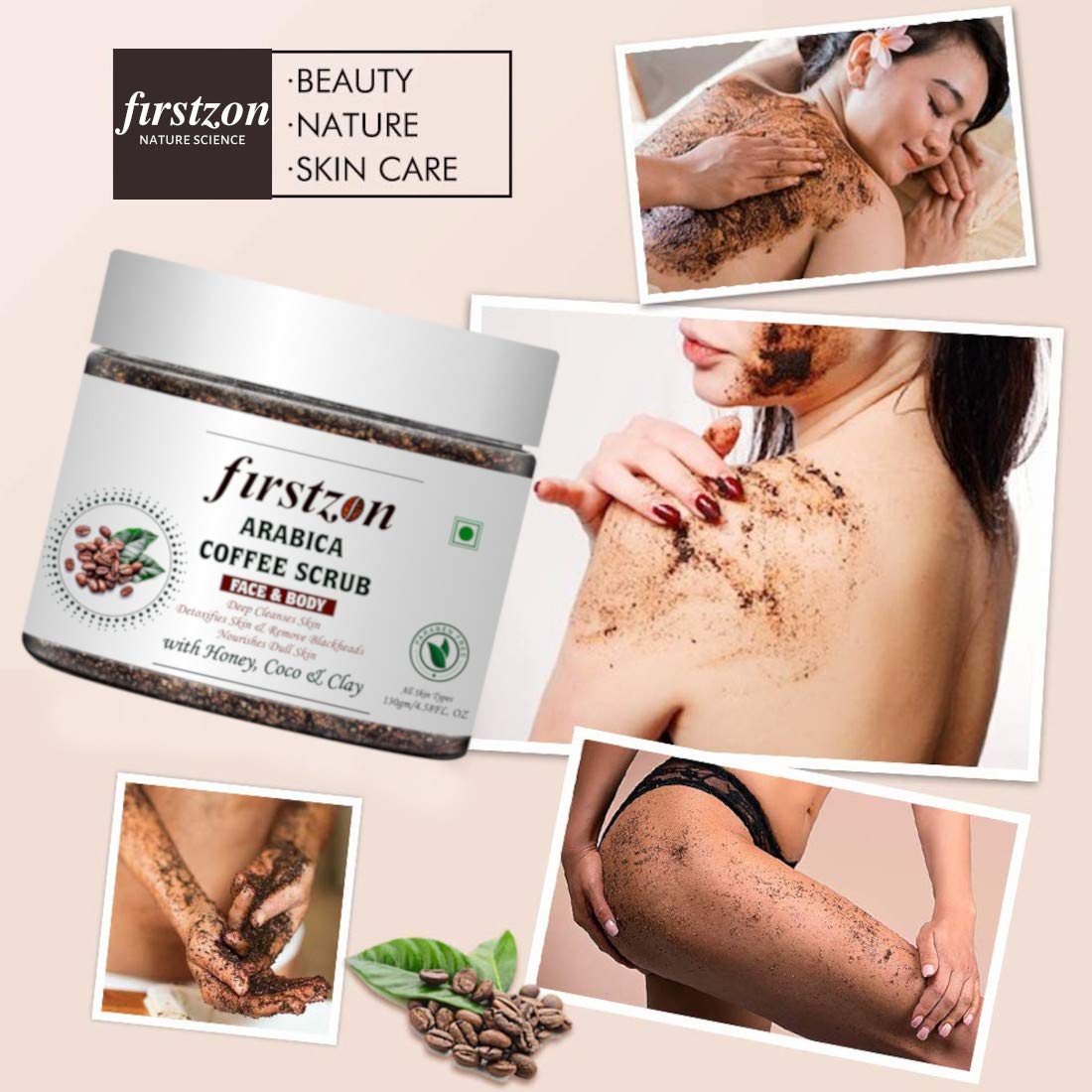 FIRSTZON Coffee Face & Body Scrub - Exfoliating & Moisturizing Tan Removal Scrub for Men & Women | Deep Cleansing, Purifying & Polishing Body Scrub | Natural Coffee Scrub for Smooth Skin | Perfect for Post-Workout, Spa Day & At-Home Skincare Routine