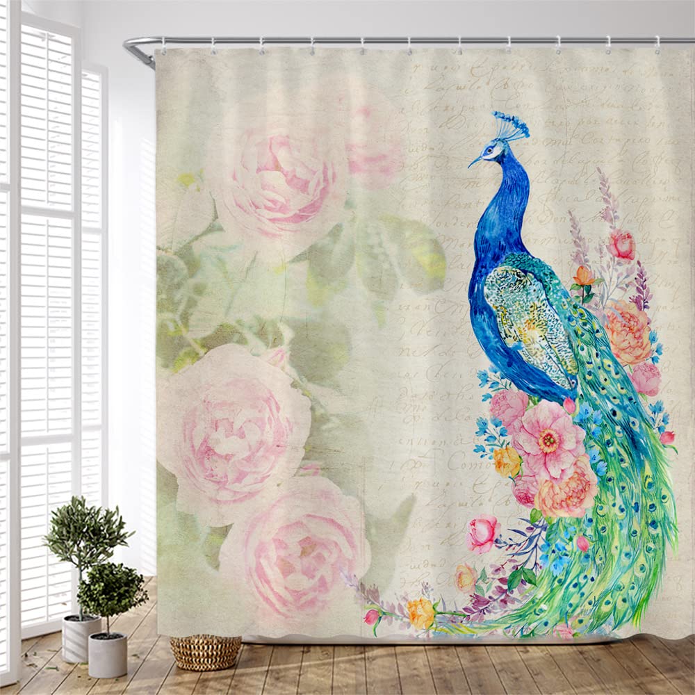Peacock Shower Curtain - Tropical Bird & Floral Design with Colorful Feathers, Rose Flowers - 94x70 Inch Waterproof Polyester Bathroom Curtain with Hooks - Perfect for Jungle, Boho & Tropical Themed Bathrooms