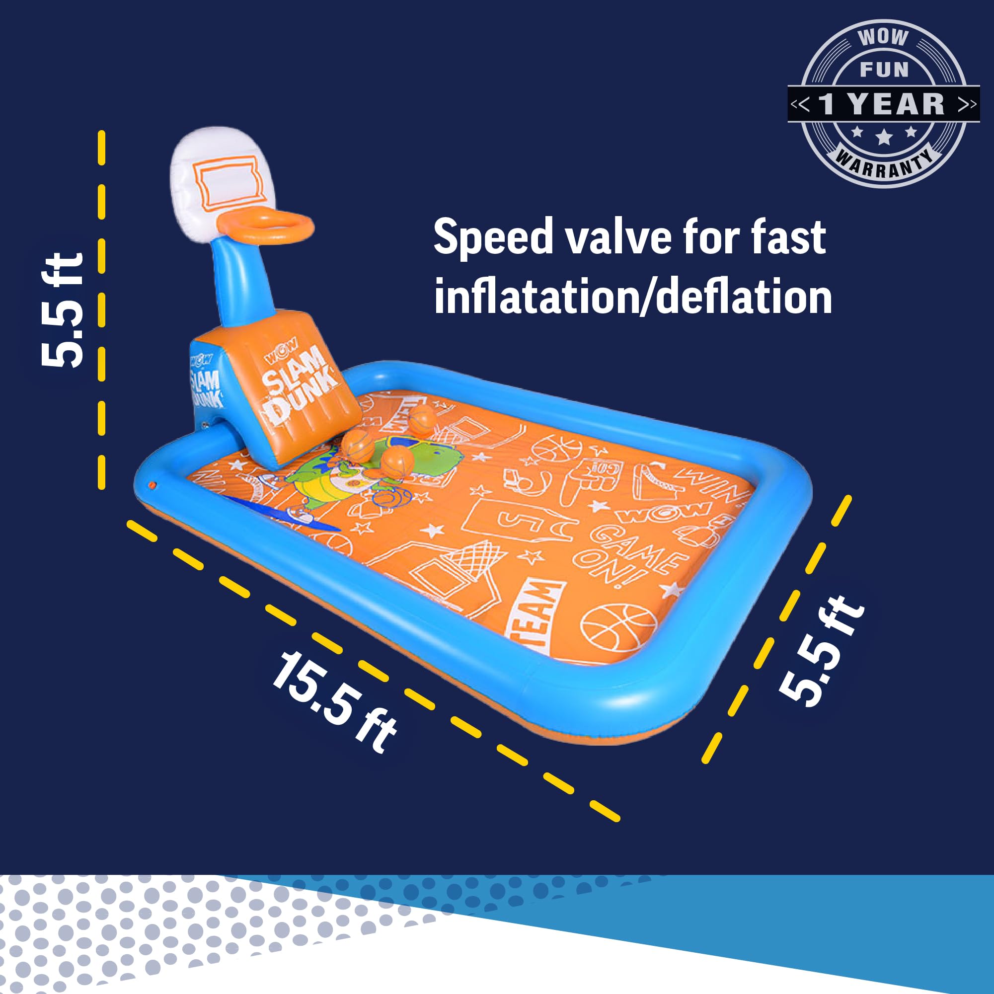 WOW Sports Hoops Splash Pad - Large Inflatable Water Play Mat for Kids with Basketball Hoops & Balls | Outdoor Summer Fun, Backyard Water Games, Pool Party Activities