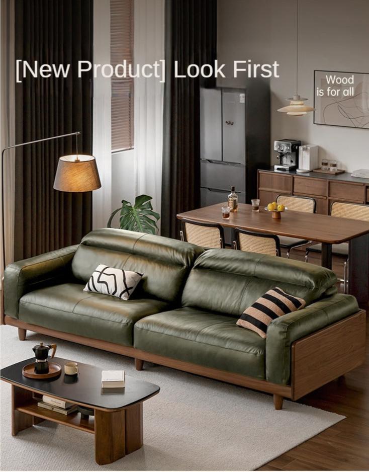 Premium Black Walnut Solid Wood Leather Sofa - Italian Modern Luxury Living Room Furniture for Home & Office Decor
