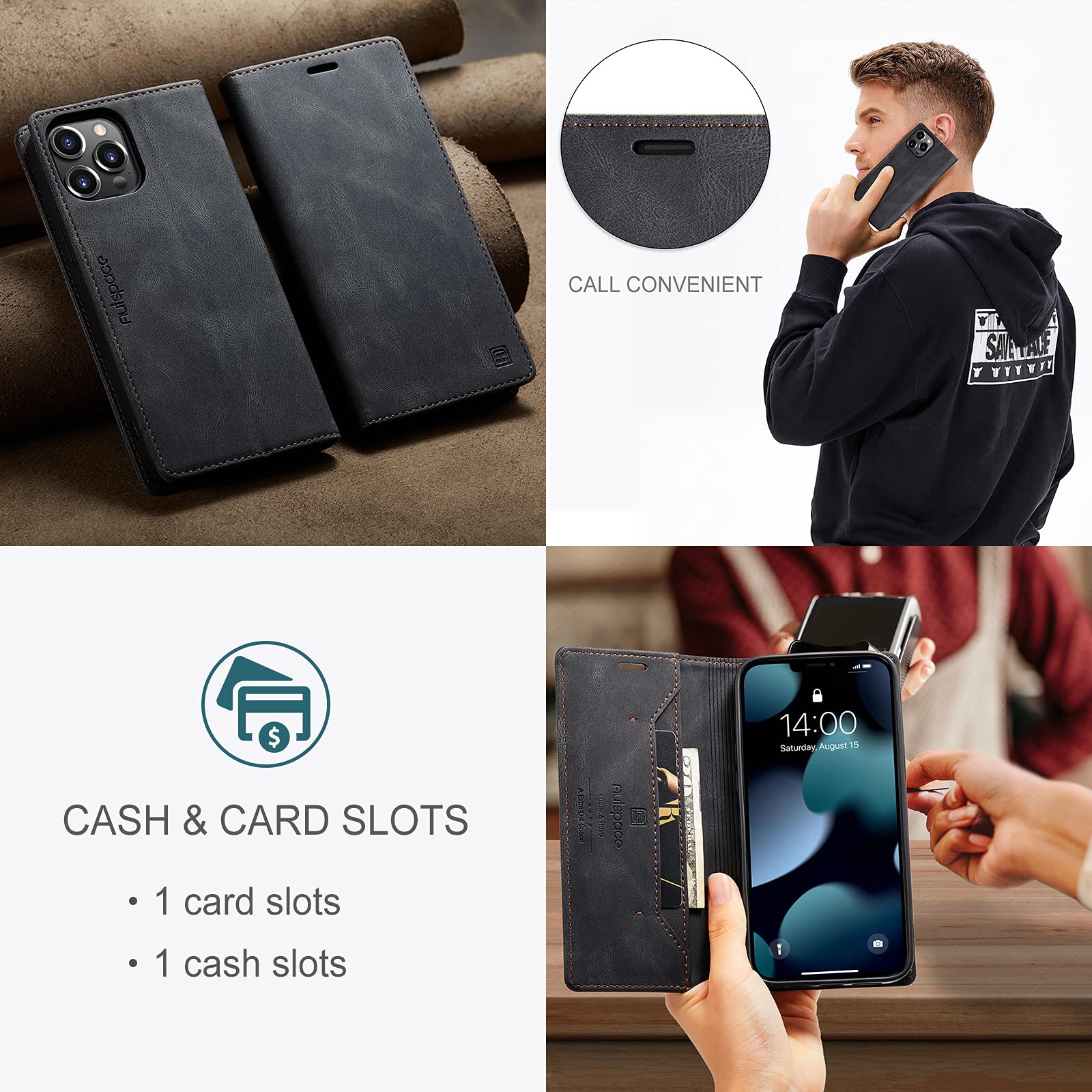 iPhone 13 Pro Max Case - PU Leather Wallet Cover with Card Holder & Kickstand | Shockproof Magnetic Flip Case for Work & Travel (6.7