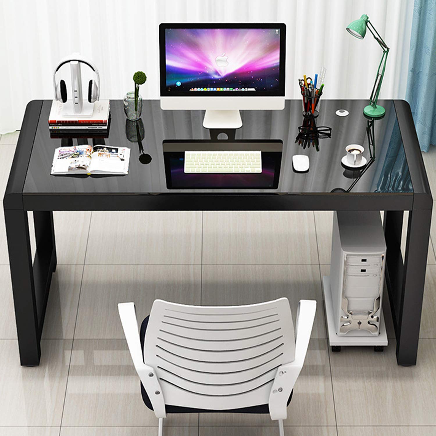 Premium Tempered Glass Computer Desk - Sturdy & Durable Office Desk with USB Ports, Modern Plain Legs for Home Office, Gaming, and Workspace - Black (Jerry & Maggie Brand) | Perfect for Professionals, Students & Remote Workers