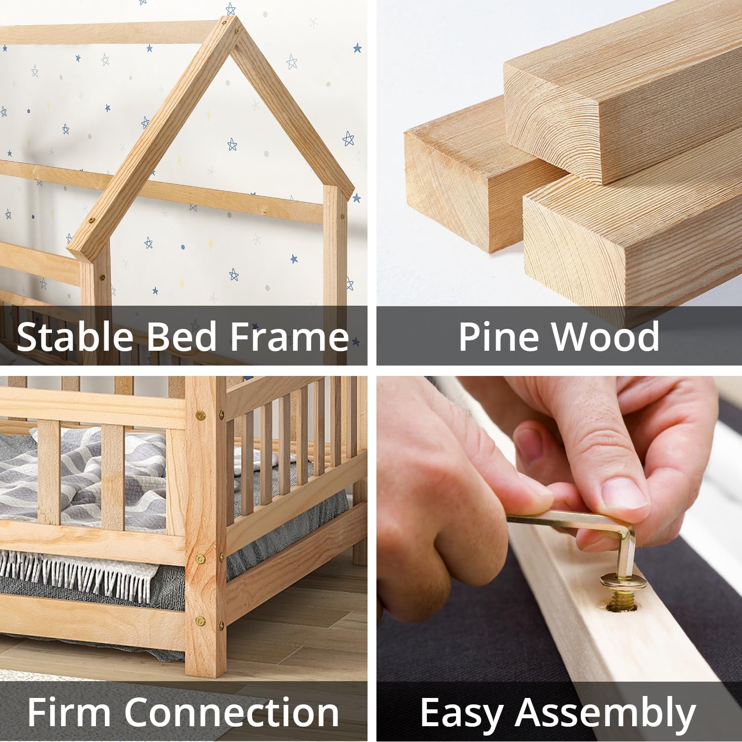 Montessori Full Size House Bed with Fence & Roof Design - Natural Wood Floor Bed Frame for Kids, Toddlers Boys & Girls - Perfect for Bedroom, Playroom & Montessori Learning Spaces