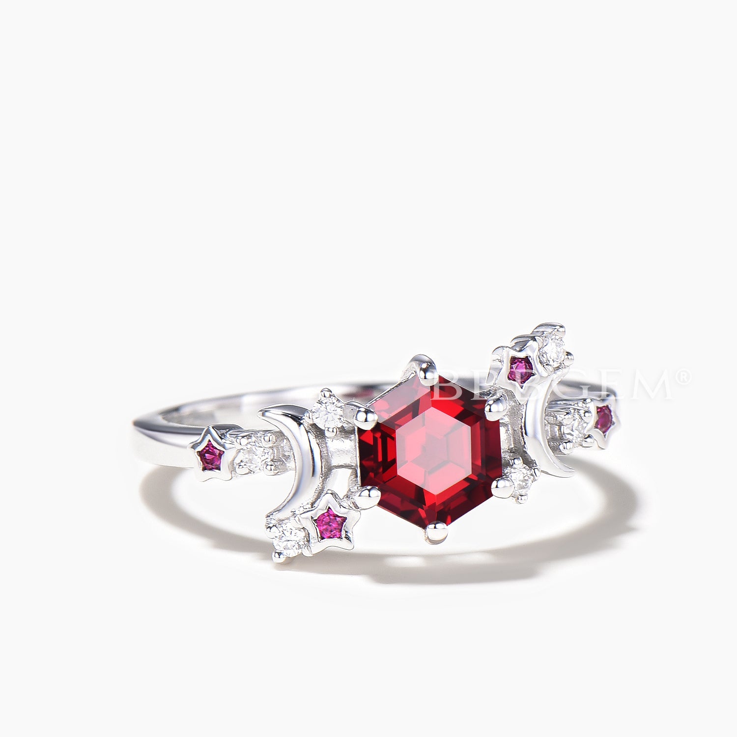 Hexagon Cut Ruby Engagement Ring with Diamonds - Elegant Celestial Wedding Band for Women, Perfect for Proposals, Anniversaries, and Bridal Jewelry Gifts