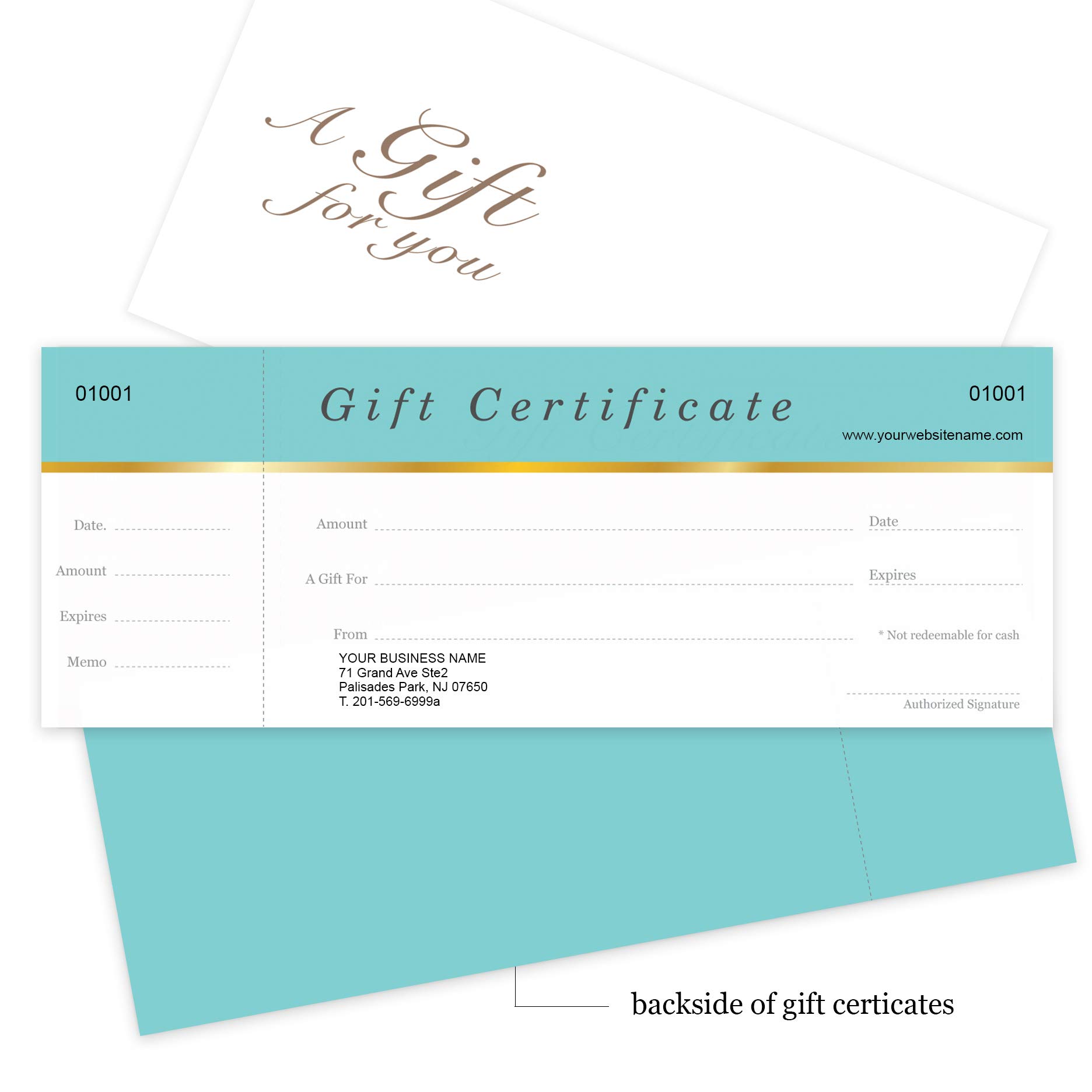Custom Gift Certificate Cards with Envelopes - 100 Pack Aqua Blue - Personalized Business Gift Vouchers for Retail, Spa & Restaurant Rewards
