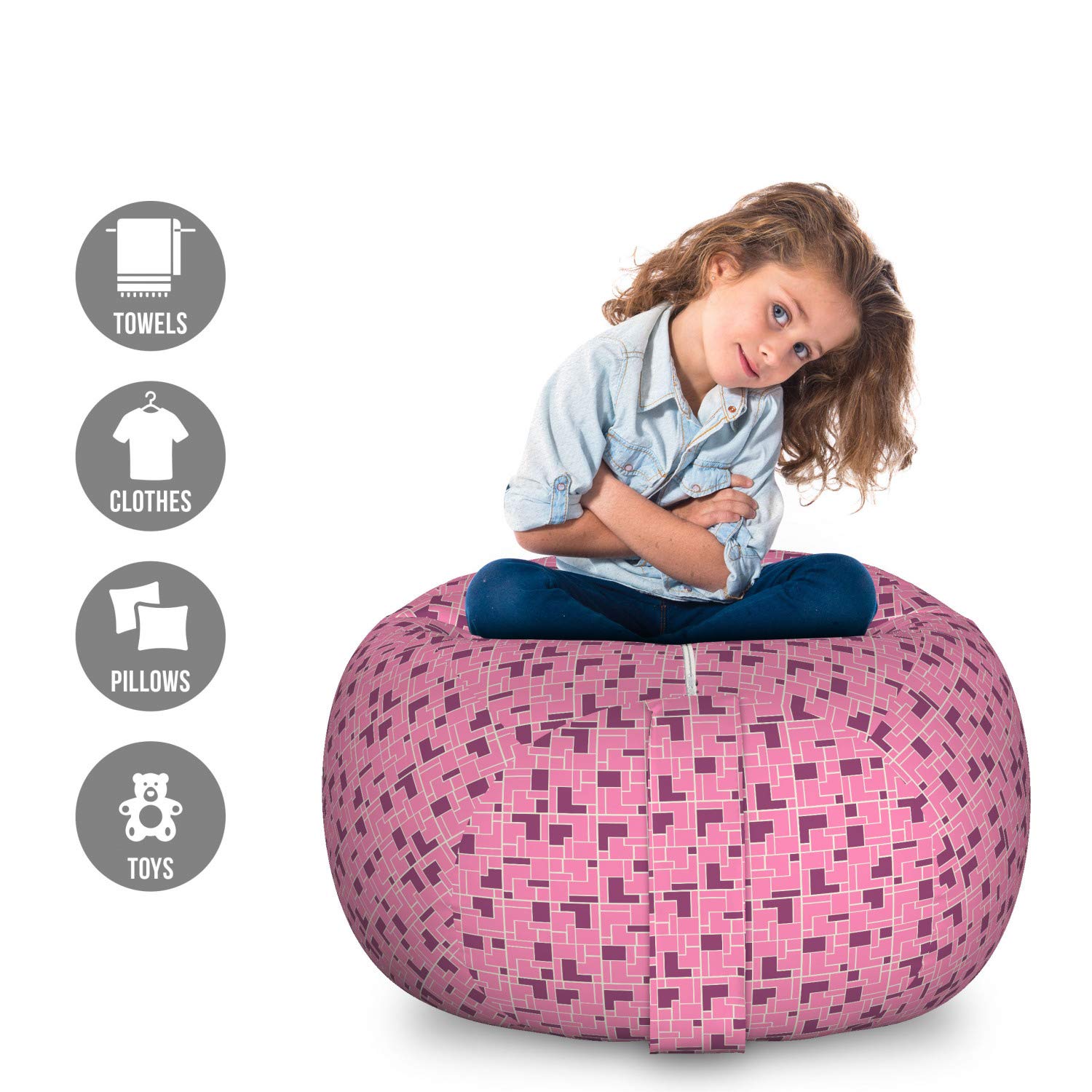 Ambesonne Geometric Storage Toy Bag Chair - Large Washable Organizer for Stuffed Animals, Dark Magenta Pink with Monotone Rectangle Pattern | Perfect for Kids' Room, Playroom & Nursery Organization