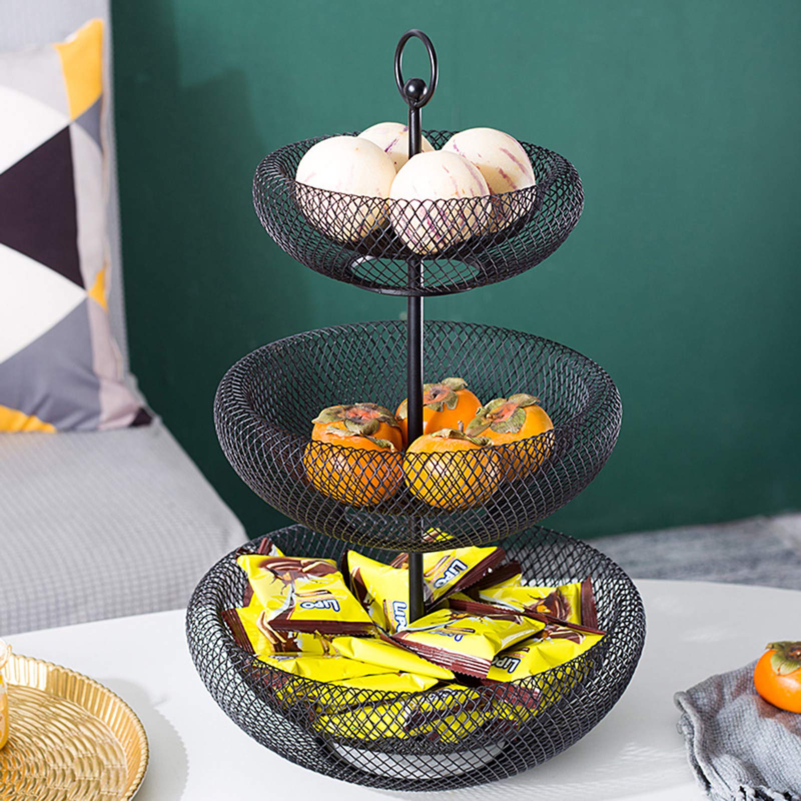 Modern 3-Tier Wire Fruit Bowl - Kitchen Counter Organizer for Fruits & Vegetables - Black/Gold - Perfect for Kitchen, Dining Room & Living Room Display