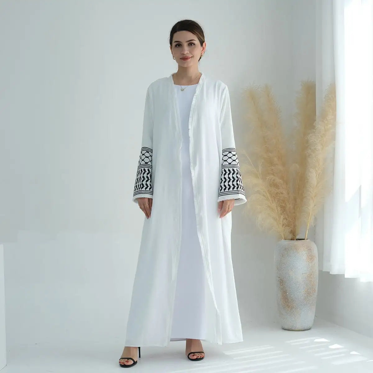 Muslim Mother Daughter Matching Abaya Dress with Embroidery & Tassel Sleeves - Elegant Cardigan Open Design for Women & Girls - Perfect for Eid, Ramadan, Wedding & Special Occasions