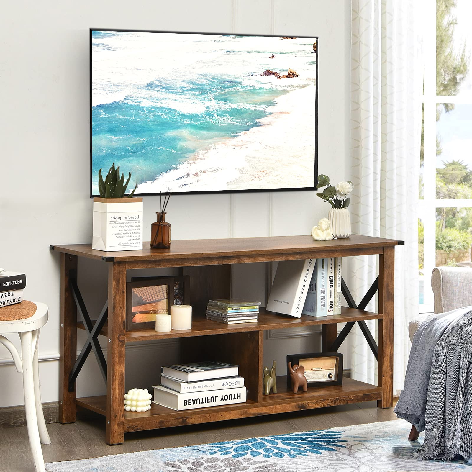 Tangkula 3-Tier Wooden TV Stand with Open Shelves & X-Shaped Frame - Farmhouse Style Entertainment Center for 55-Inch TVs - Sturdy TV Console Table for Living Room, Bedroom & Home Theater (Brown)