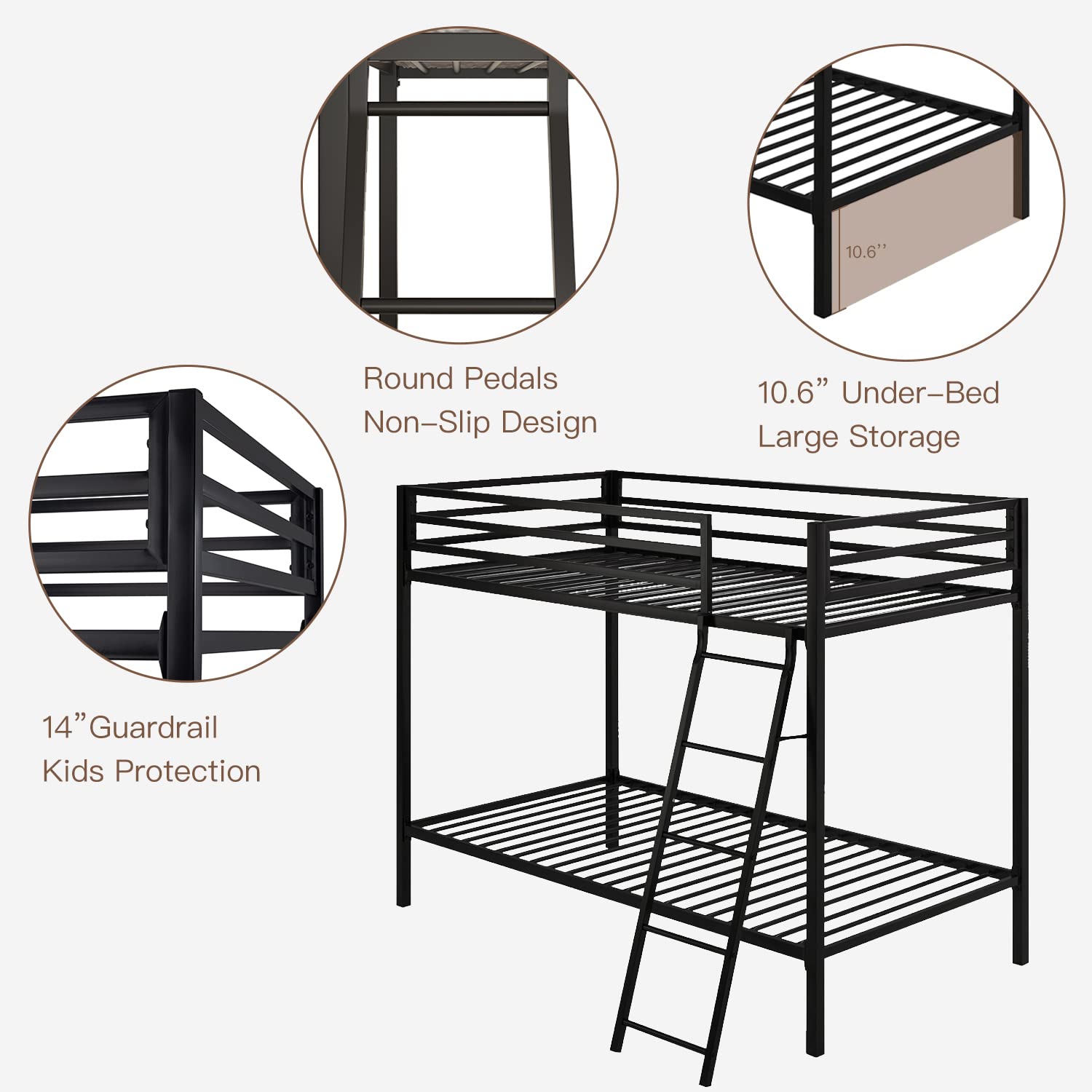 ikalido Metal Loft Bunk Bed Twin Over Twin Size with Safety Guardrail & Ladder - Space Saving Bedroom Furniture, No Box Spring Needed - Cream White - Perfect for Kids Rooms, Dorms & Small Apartments
