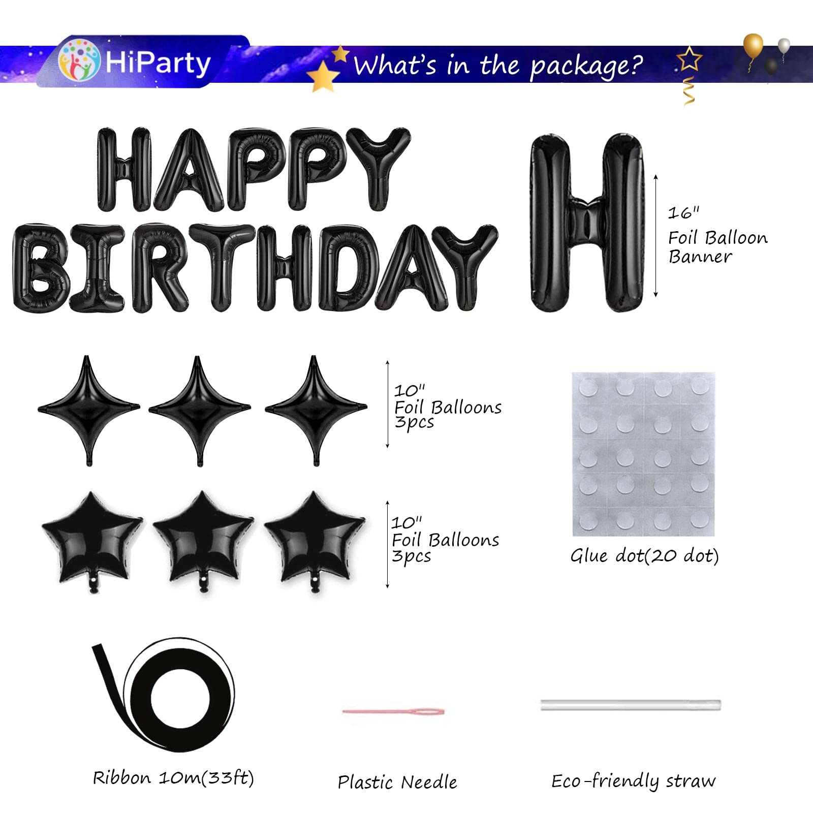 3D Mylar Foil Letter Happy Birthday Balloons Banner Set with 6 Star Balloons - Birthday Party Decorations for Kids, Boys, Men & Adults - Perfect for Indoor/Outdoor Birthday Celebrations, Baby Showers & Anniversary Parties