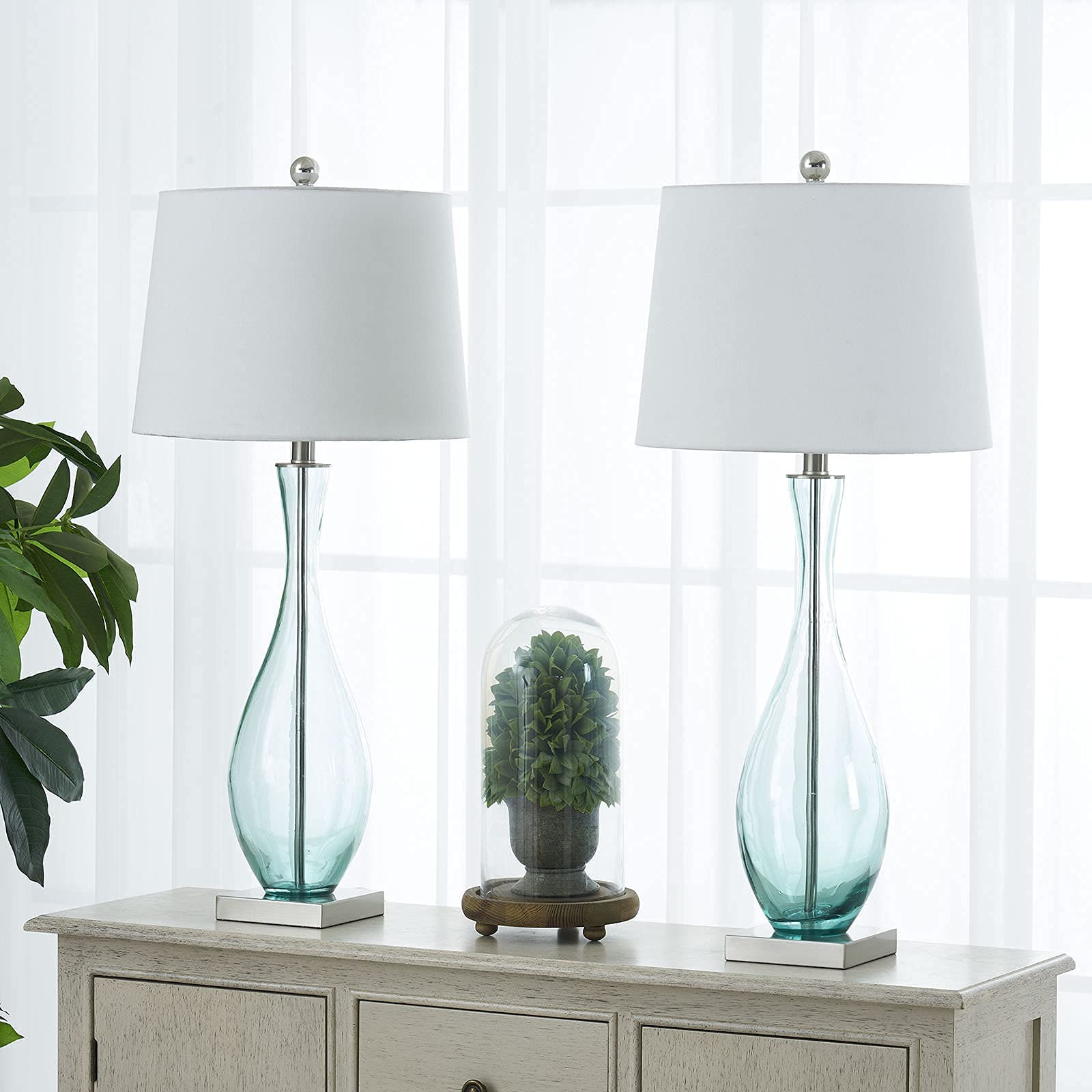 Maxax Traditional Table Lamps Set of 2 with 2A USB Ports, Glass Bedside Lamps with White Fabric Drum Shade - 31 Inches Tall Nightstand Lamps for Living Room, Bedroom, Office (Blue) - Perfect for Reading, Relaxing & Decorating