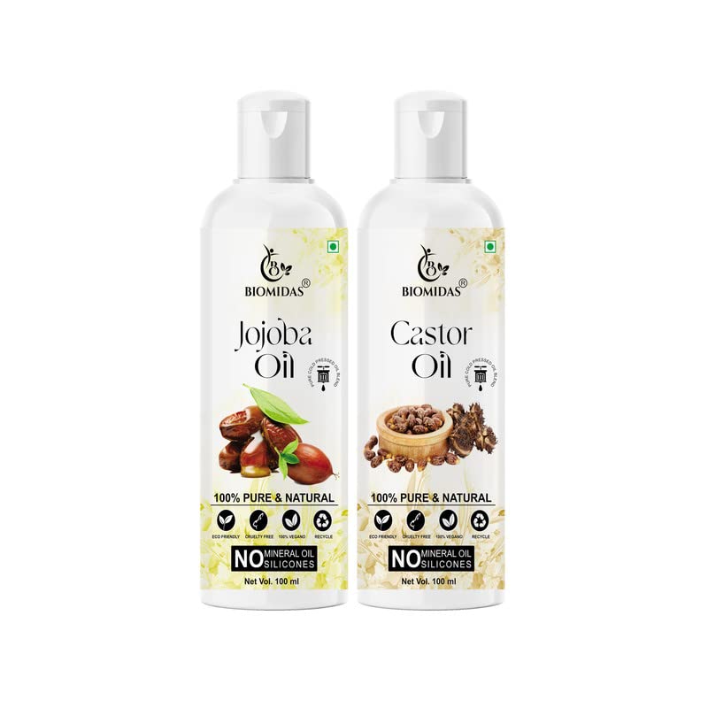 Biomidas 100% Pure Jojoba Oil & Castor Oil Combo Set (100ML Each) for Hair Growth, Anti Hair Loss, Split Ends Repair & Shiny Hair | Natural Hair Care Treatment for Dry Scalp & Damaged Hair | Perfect for Daily Hair Routine, DIY Hair Masks & Scalp Massage