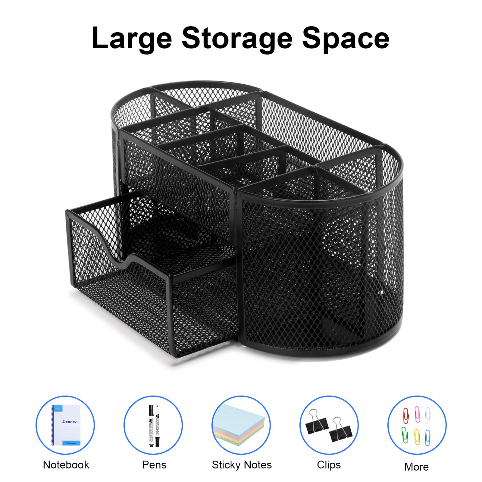 Comix Mesh Pen Pencil Holder Desk Organizer - 8 Compartment & 1 Drawer Wire Desktop Organizer for Office Supplies, Home, School - Black | Perfect for Organizing Pens, Pencils, Markers & Stationery on Your Desk or Workspace
