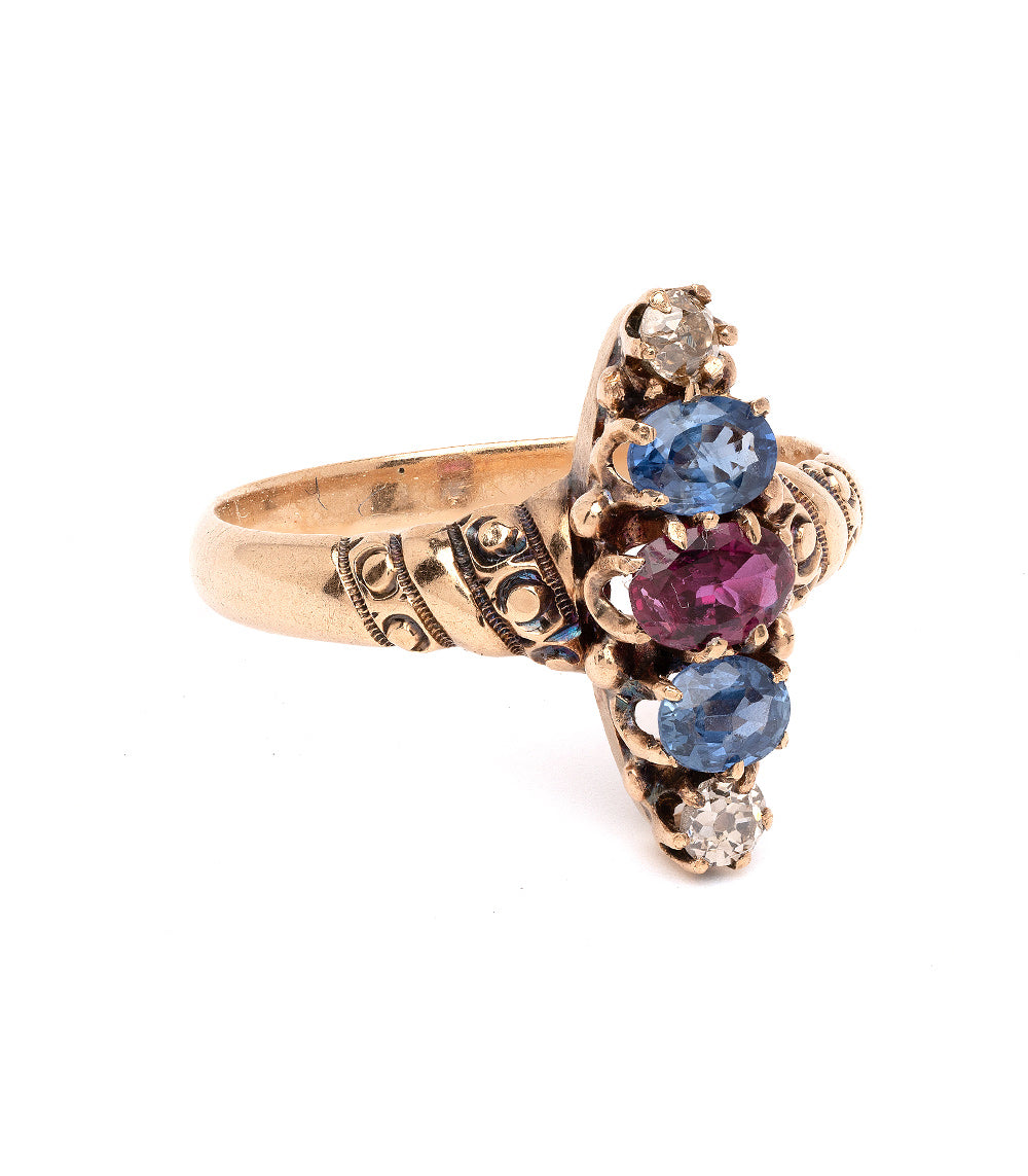 Victorian Style Candy Stripe Ring with Sapphire, Garnet & Diamond Gemstones - Elegant Jewelry for Weddings, Parties & Special Occasions