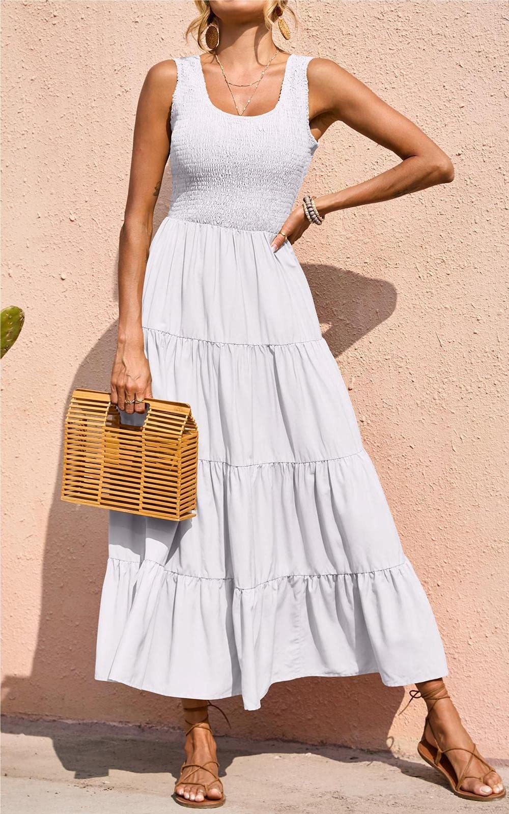 PRETTYGARDEN Women's Casual Loose Plain Maxi Sundress - Smocked Tank Dress Sleeveless Summer Beach Tiered Long Dress for Vacation, Pool Party & Outdoor Activities