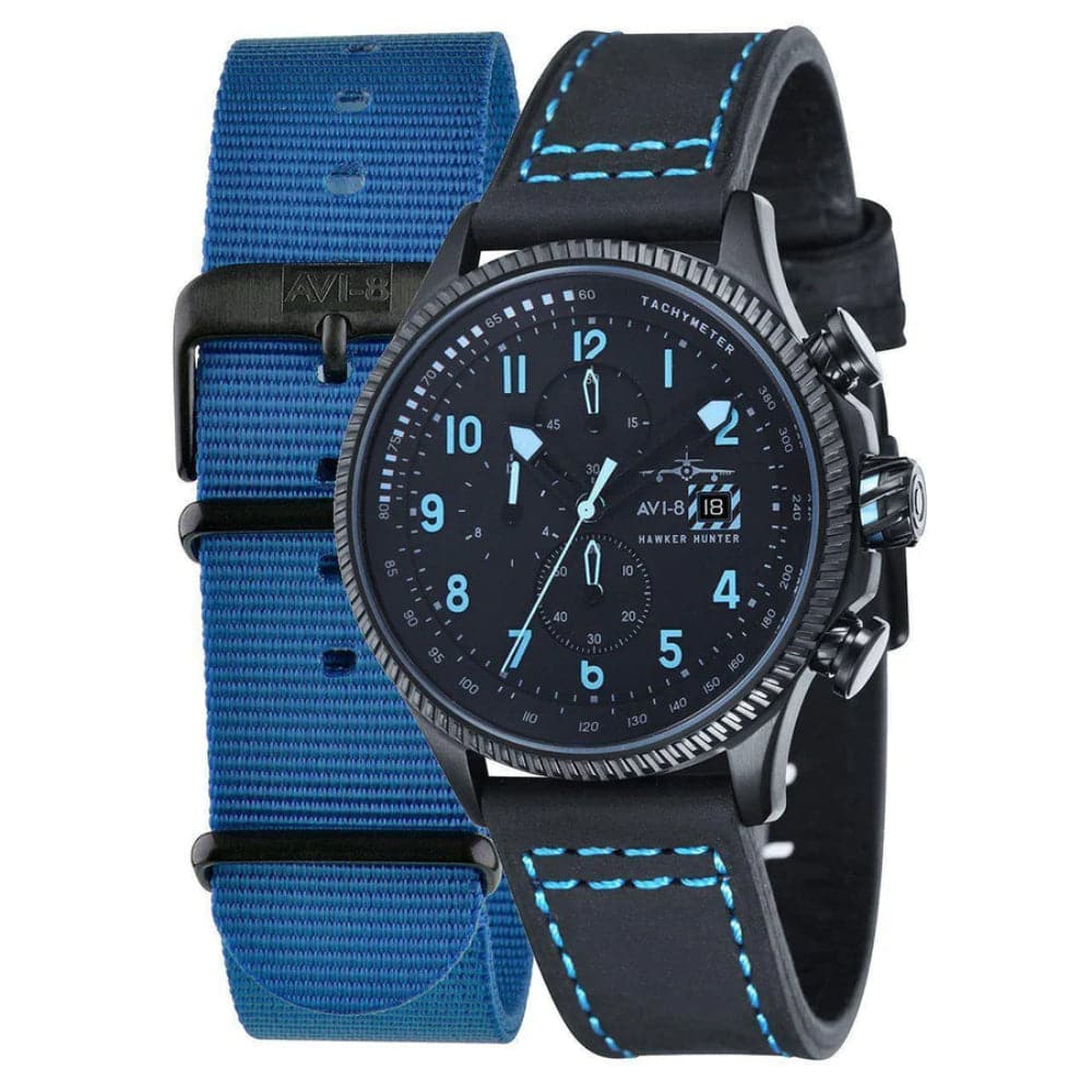 AVI 8 Men's Hawker Hunter Black & Blue Chronograph Watch AV-4036-04 - Stylish Pilot Watch for Aviation Enthusiasts & Everyday Wear