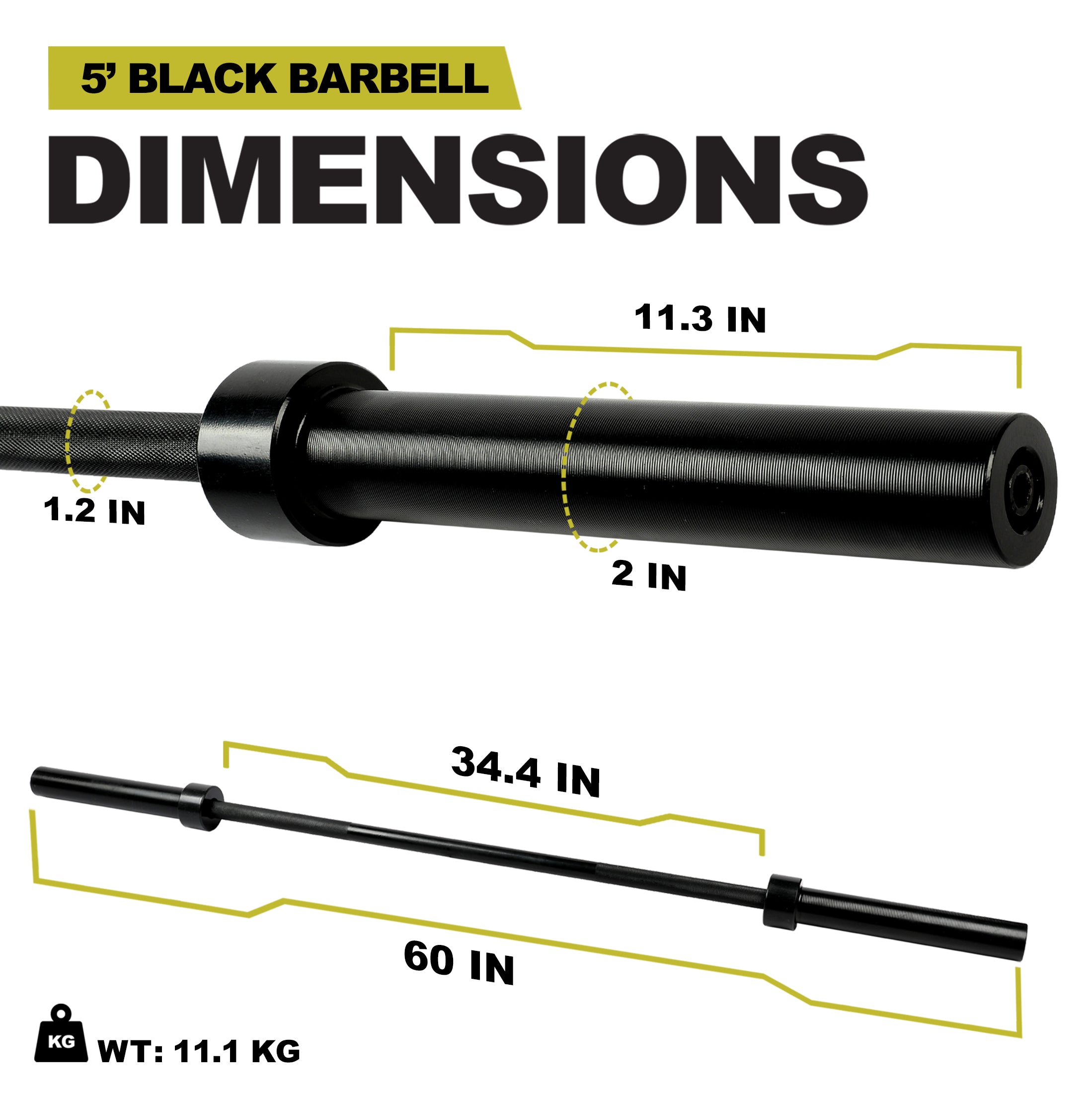 PRCTZ 5ft Olympic Barbell - 2 Inch Sleeve Diameter, 25 Pound Weighted Bar with 600 LB Capacity for Strength Training & Home Gym Workouts