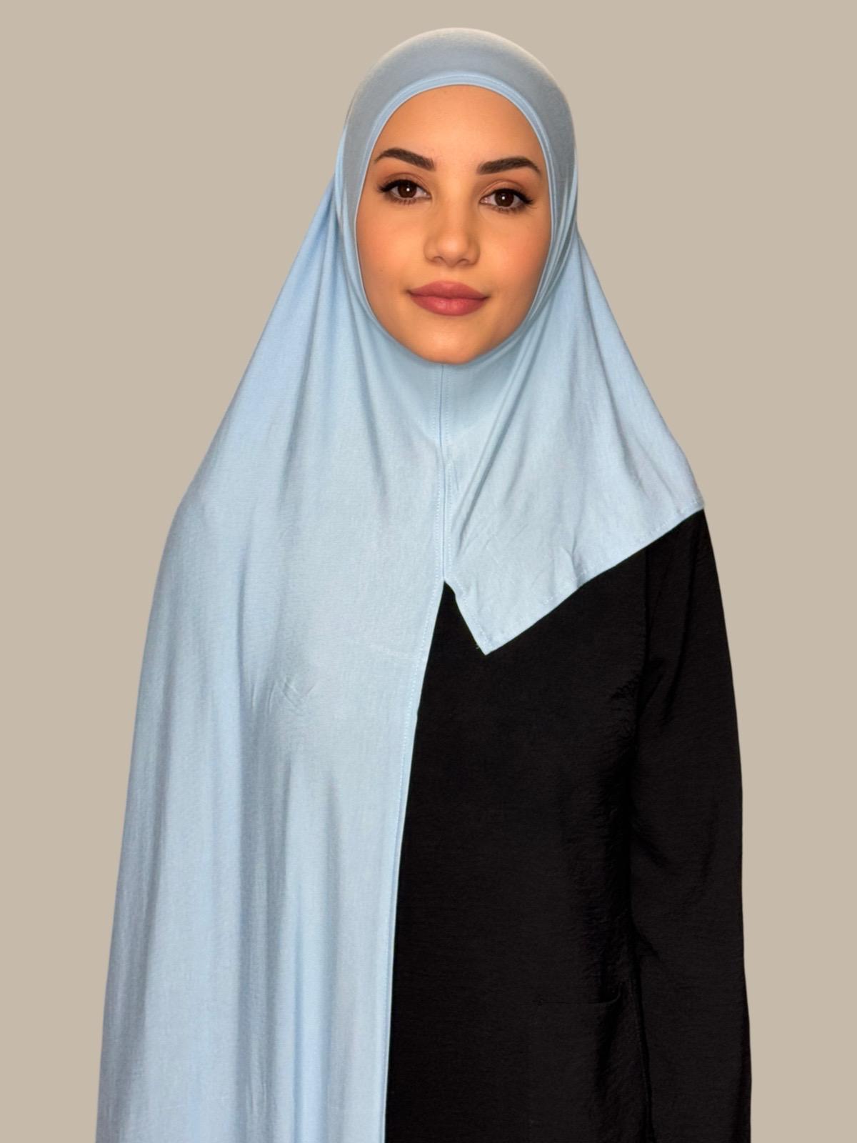 Pre-Sewn Jersey Hijab in Baby Blue - Soft & Comfortable Muslim Headscarf for Women - Perfect for Daily Wear, Prayer, and Special Occasions