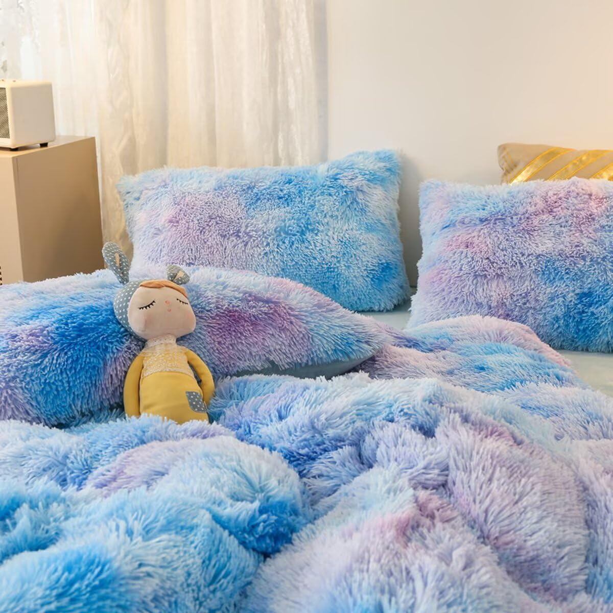 Soft Shaggy Faux Fur Duvet Cover Set - King Size Starry Sky Blue with Zipper Closure (1 Duvet Cover + 2 Pillow Shams) for Girls, Women & Kids - Cozy Crystal Velvet Bedding for Winter Nights & Luxury Bedroom Decor
