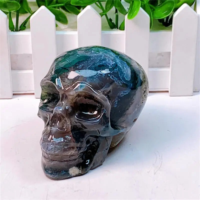 Natural Moss Agate Skull Crystal Carving - Healing Energy Stone for Home Decor, Meditation & Spiritual Gifts | Halloween Decor, Witchcraft Supplies & Reiki Healing Tool (1PC)