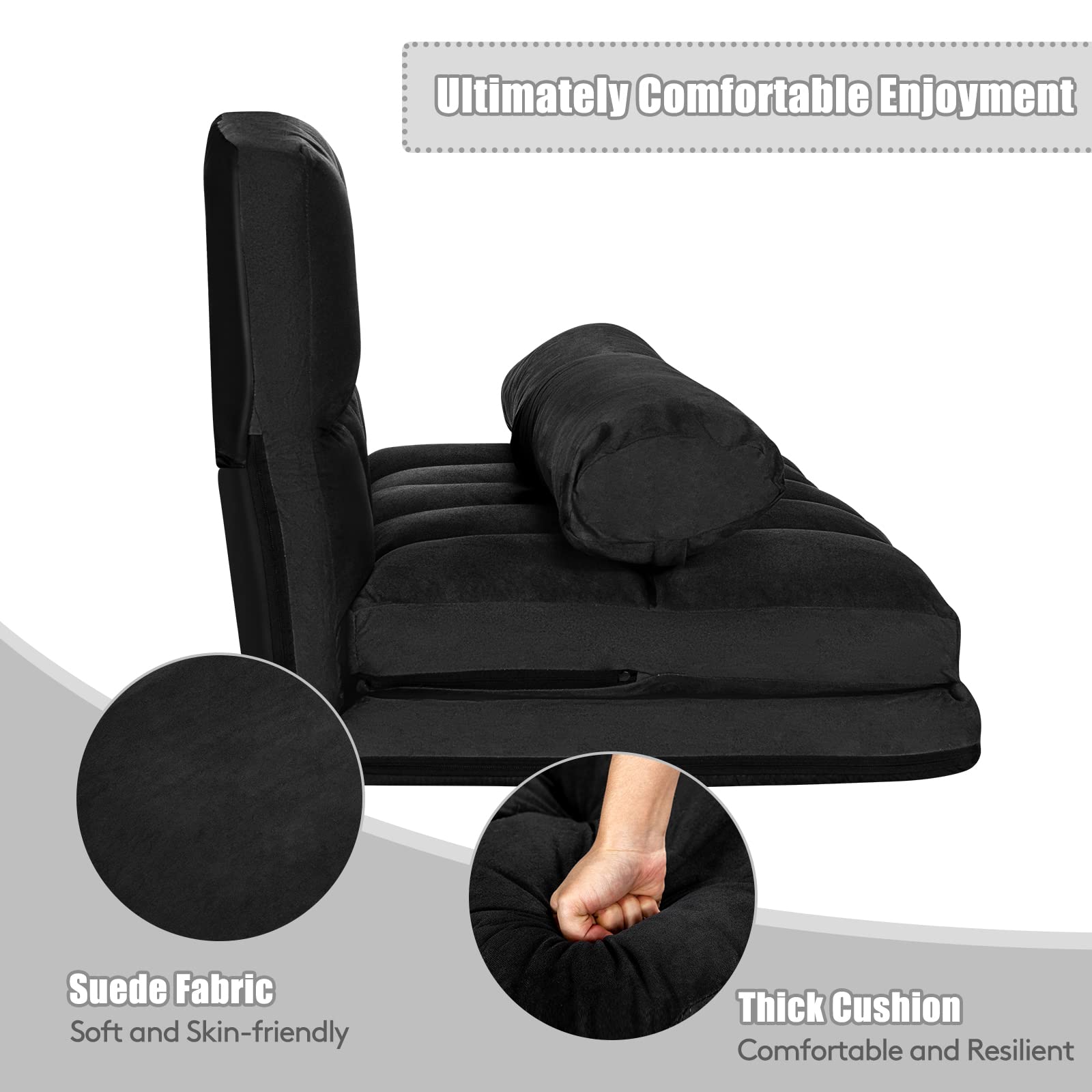 Giantex Adjustable Floor Sofa Bed - 6-Position Foldable Lazy Couch with 2 Pillows, Durable Suede Fabric for Living Room, Bedroom, or Dorm - Perfect for Lounging, Napping & Small Space Living (Black)