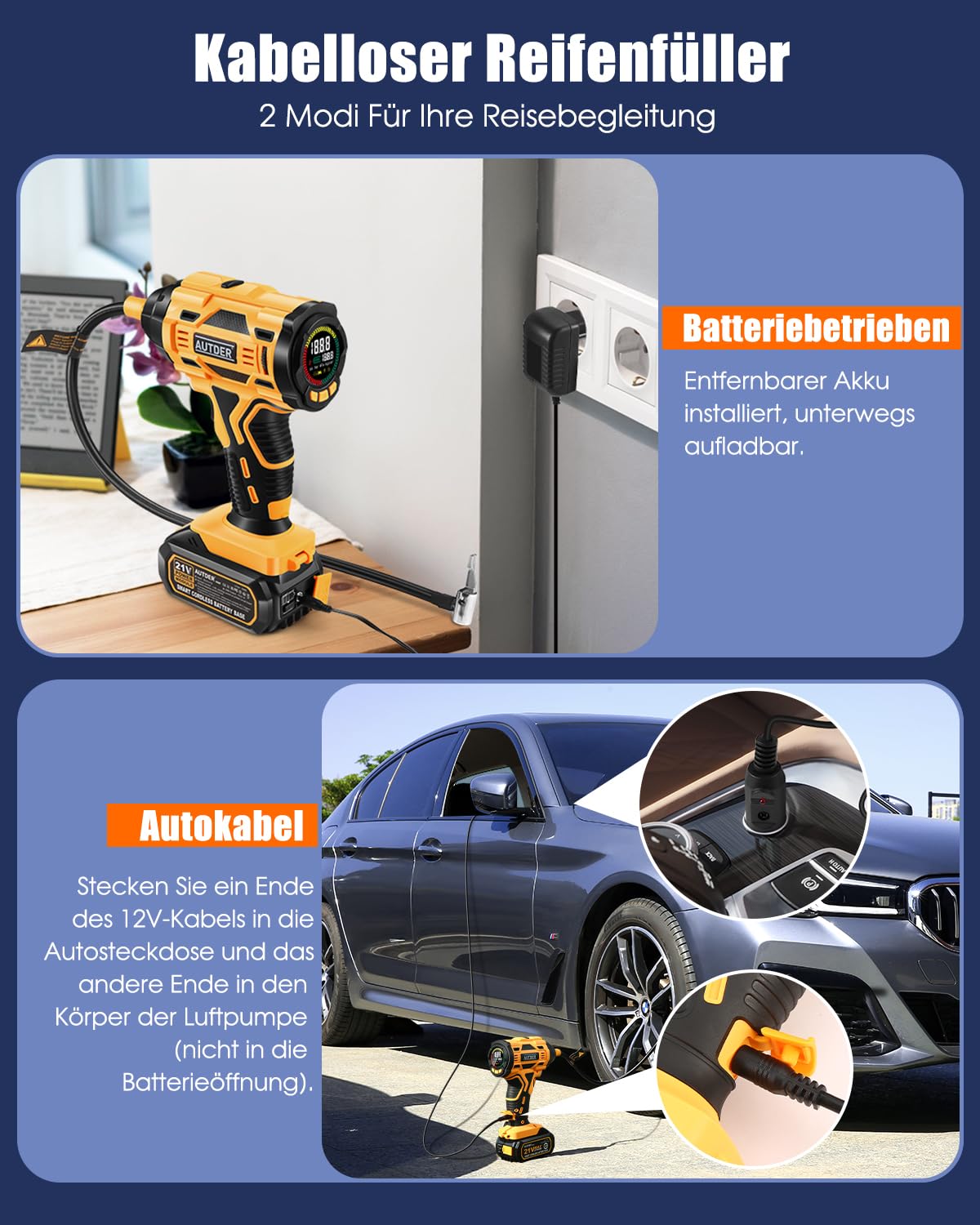 AUTDER Portable Air Compressor, Cordless Tire Inflator 180 PSI with Dual Power Source, 21V Battery/12V DC, Digital Pressure Gauge, Auto Shut-Off - Perfect for Cars, SUVs, Bikes & Inflatables On The Go (Yellow-Black)
