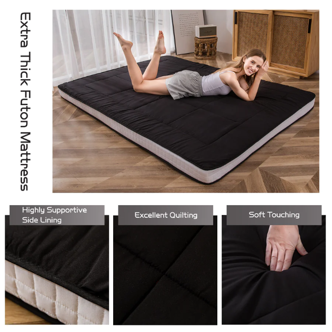 MAXYOYO Padded Japanese Floor Mattress - Black Foldable Roll Up Futon for Bedroom, Guest Room & Travel | Comfortable Floor Sleeping Mat for Adults & Kids