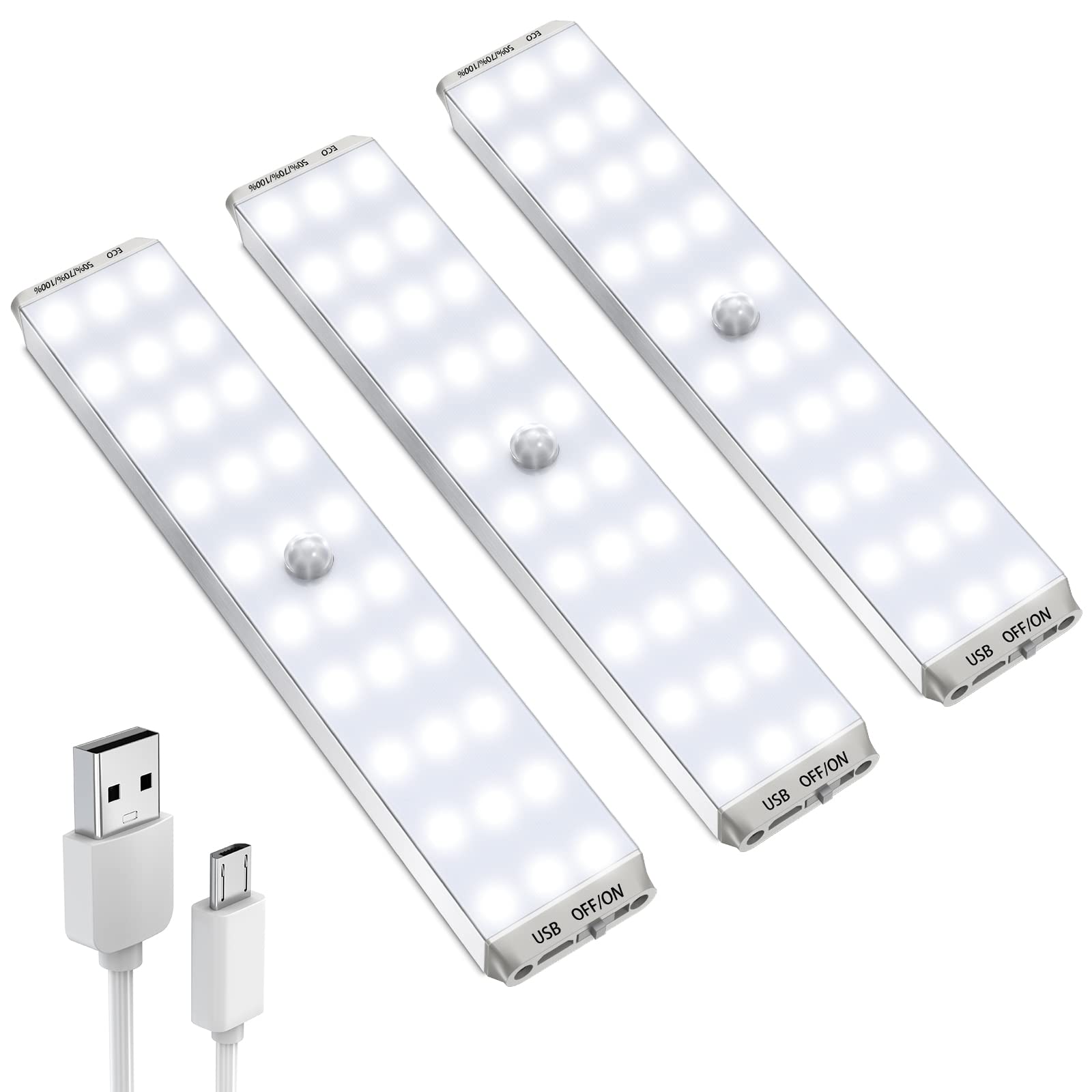 30-LED Motion Sensor Cabinet Lights - Battery Powered Wireless USB Rechargeable Under Counter Lighting for Kitchen, Closet, Wardrobe (7.6inch Stick-on, 3 Pack) - Perfect for Nighttime Safety & Easy Access in Dark Spaces