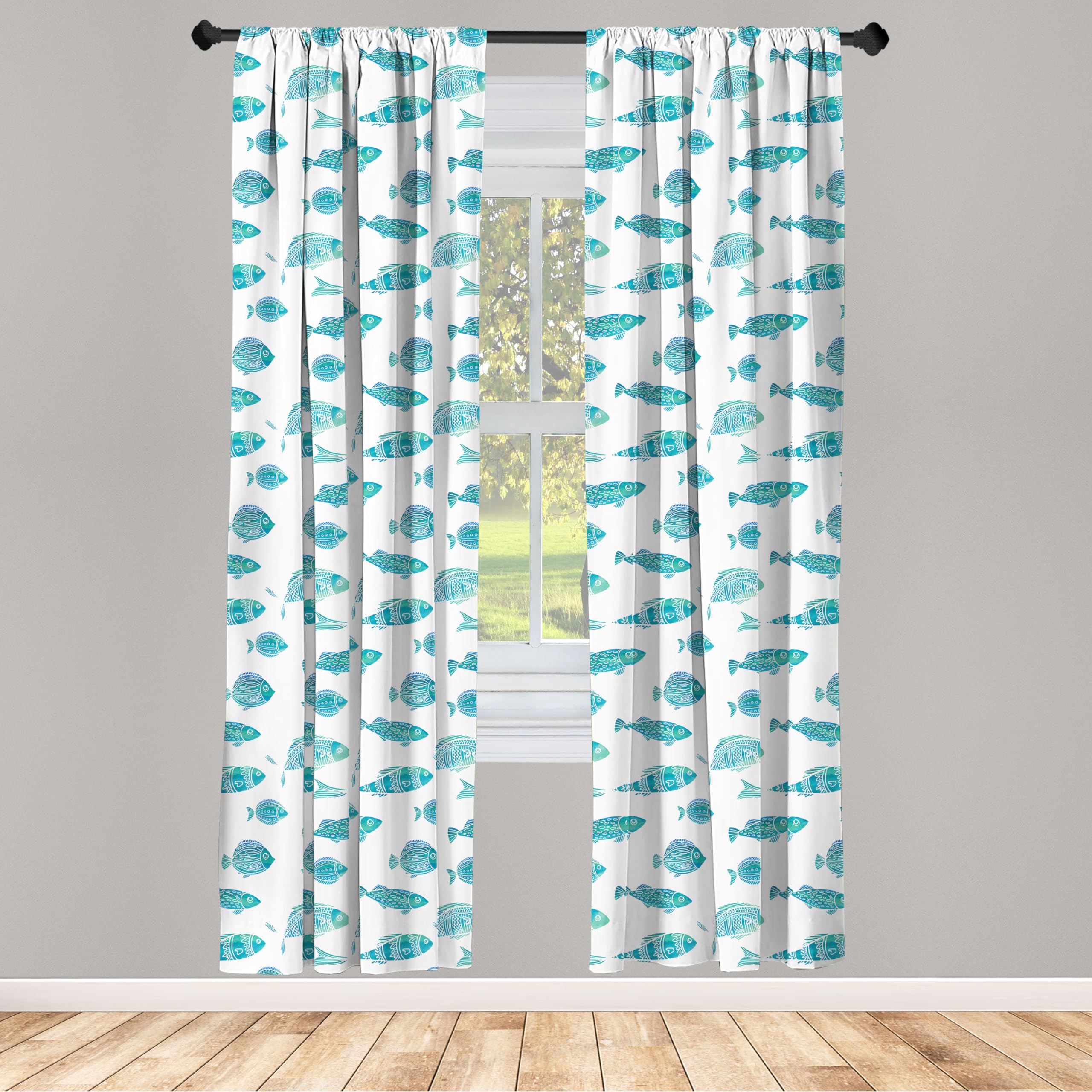 Ambesonne Fish Window Curtains - Doodle Art Ocean Animal Silhouettes Aquatic Underwater Life Decor - Lightweight 2-Panel Set with Rod Pocket - 28