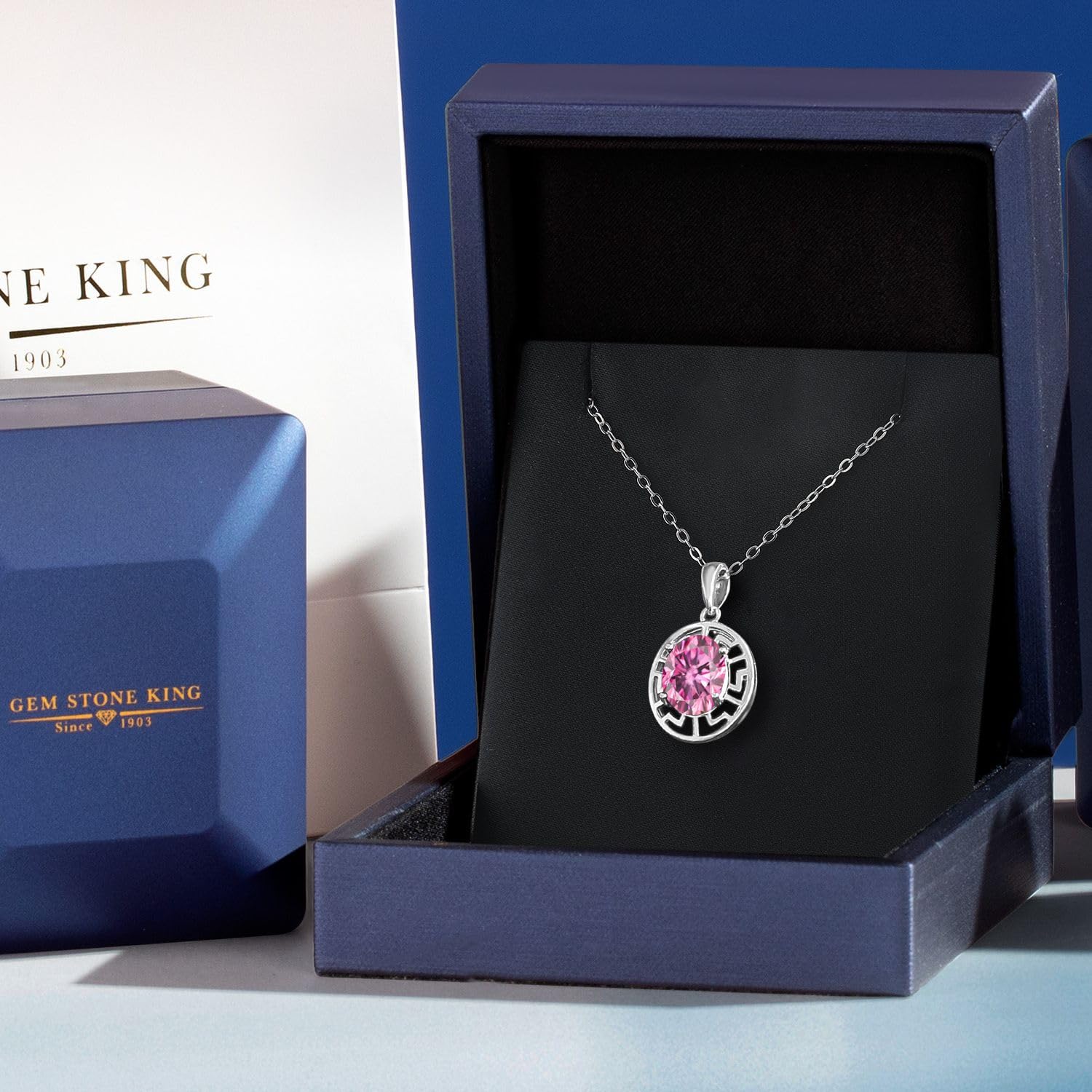 Gem Stone King 925 Sterling Silver 10X8MM Oval Birthstone Necklace for Women | Greek Key Pendant with 18 Inch Silver Chain | Elegant Jewelry Gift for Birthday, Anniversary & Special Occasions