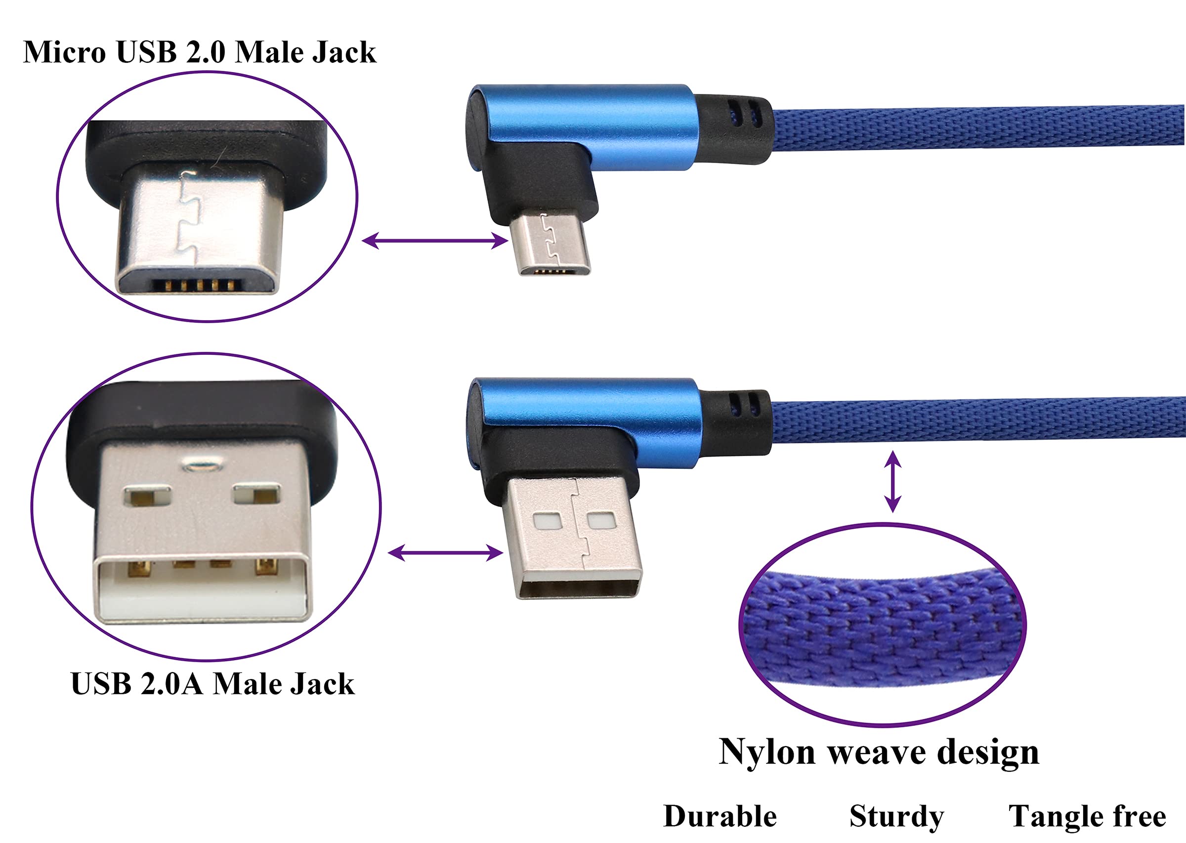AAOTOKK 3 Ft 90 Degree Right Angle Micro USB Cable - Nylon Braided Fast Charging & Data Sync Cord for Android, Samsung, LG, Huawei Smartphones - Durable & Tangle-Free (2m/Blue) - Perfect for Gaming, Car Charging & Tight Spaces