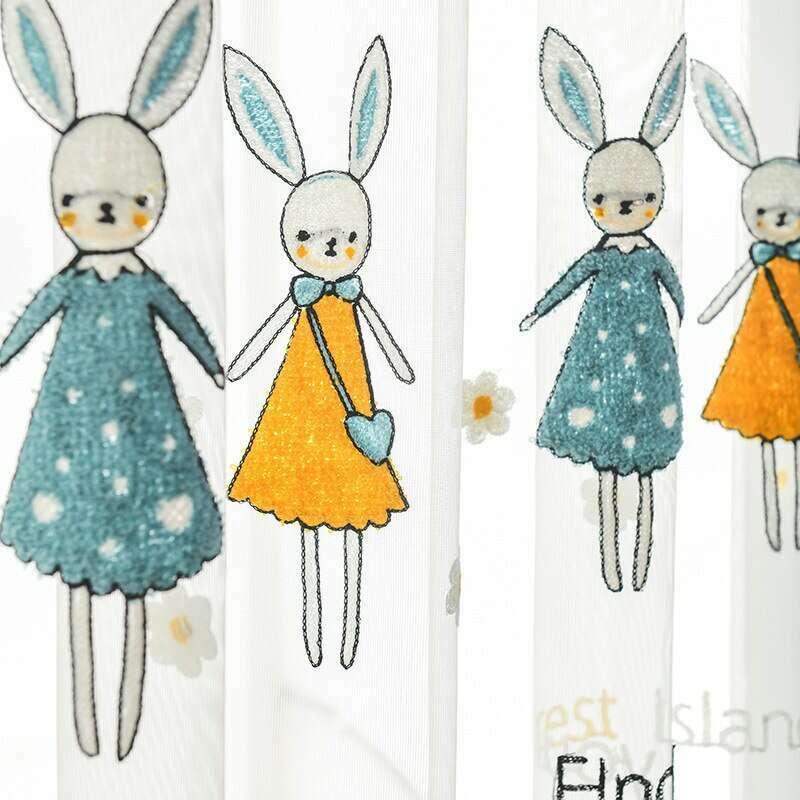 Rémy Embroidered Rabbit Bunny Curtains - Blue Floral Nursery Window Drapes for Baby Girls Room Decor & Kids Bedroom