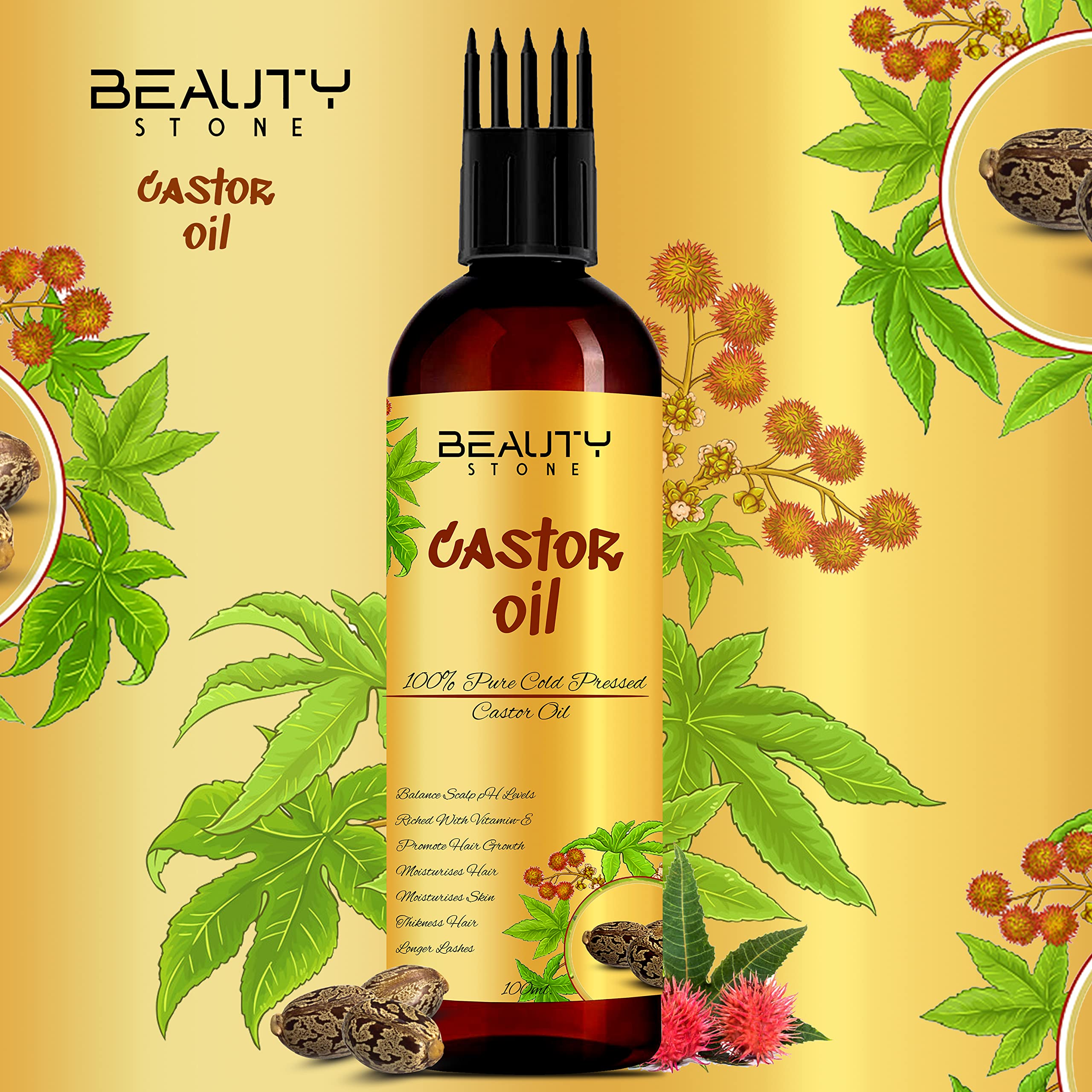 BeautyStone 100% Pure Cold Pressed Castor Oil for Hair Growth & Eyelashes - 6.76 fl oz (200ml) - Natural Moisturizer for Skin, Beard & Scalp Care - Perfect for DIY Beauty Treatments & Massage Therapy