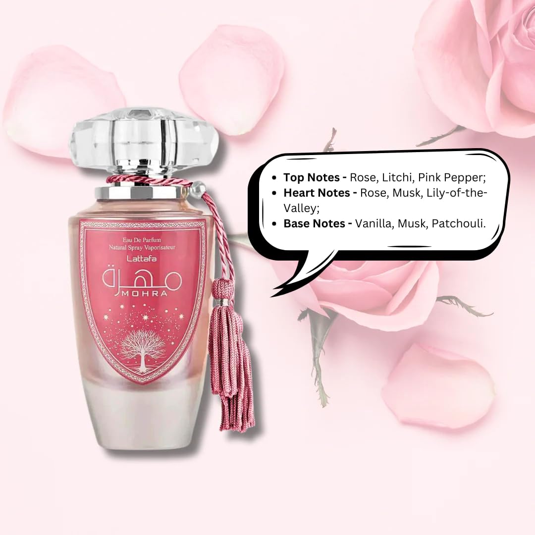 Mohra Silky Rose Eau De Parfum for Women - Long Lasting Arabic Perfume with Patchouli, Vanilla & Rose Scent - 100ml/3.38 Fl Oz Spray - Perfect for Date Night, Evening Events & Special Occasions