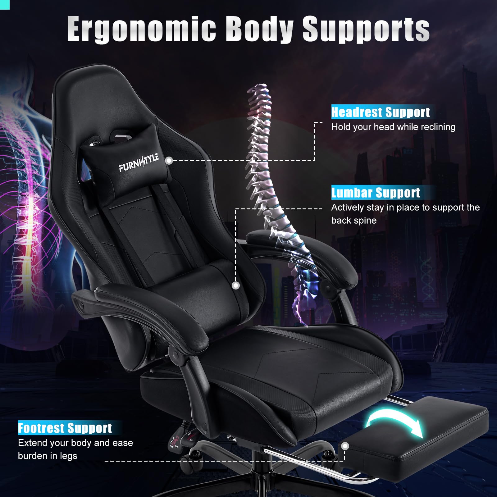 Ergonomic Gaming Chair with Footrest & Lumbar Support - Adjustable Reclining Swivel Office Chair for PC Gamers & Teens - High Back PU Leather Computer Desk Chair - Perfect for Esports, Streaming & Home Office Work
