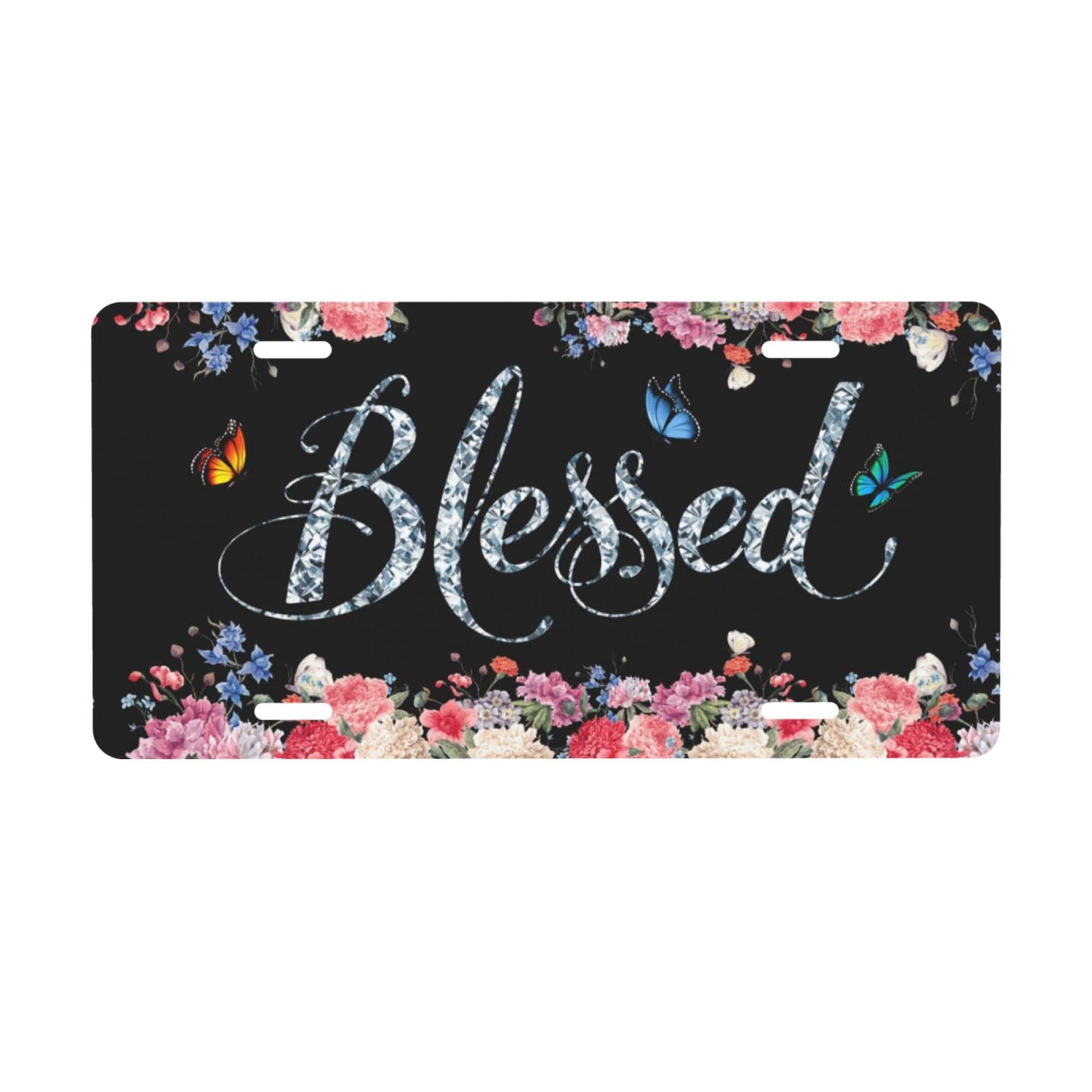 Blessed Glitter Floral Butterfly Car License Plate Cover - Decorative 6x12 Inch Aluminum Metal Vanity Tag for Women & Men (4 Holes) - Perfect for Customizing Cars, Trucks & SUVs