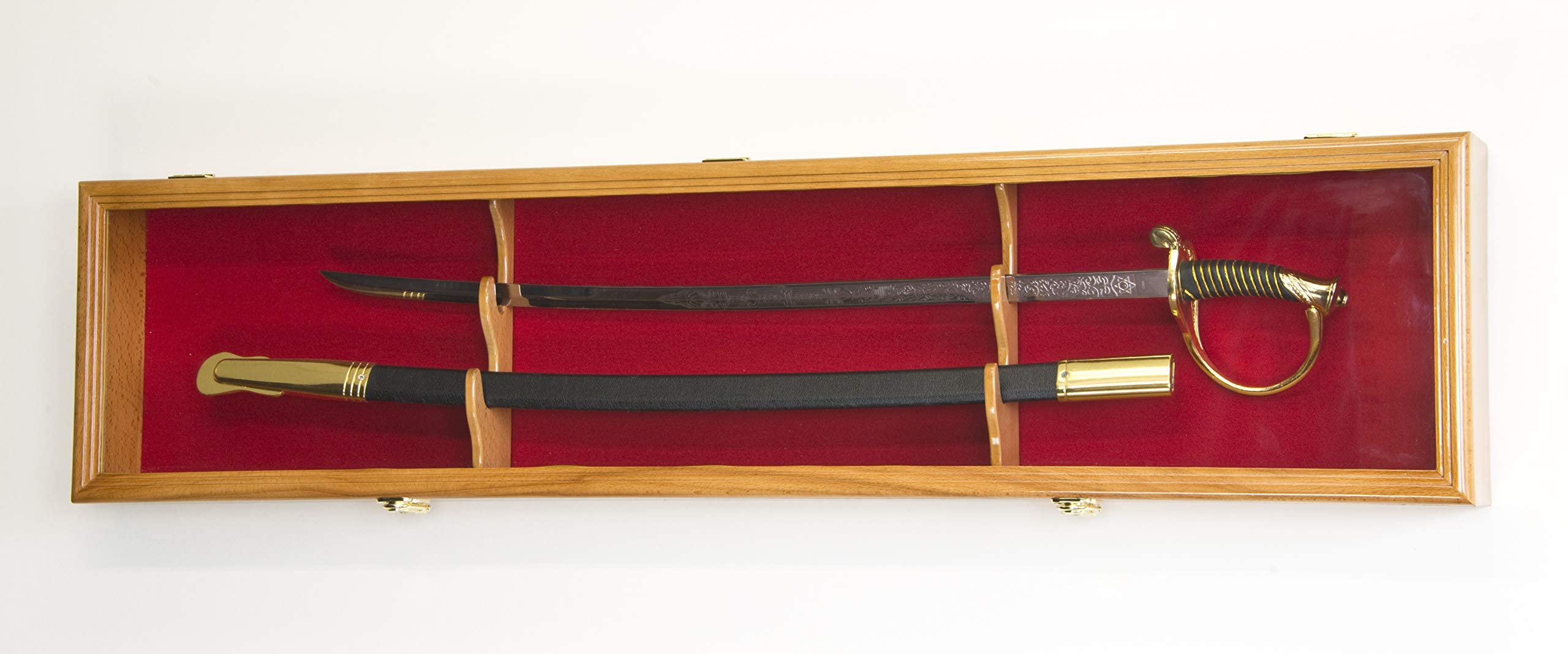 Custom Oak Finish Sword Display Case with Red Felt & Lockable Scabbard Wall Cabinet - Perfect for Home Decor, Martial Arts Studios & Collector Showcases