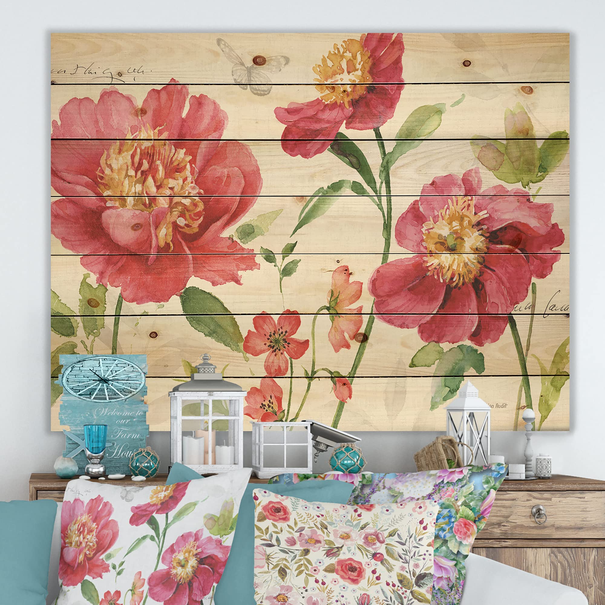DesignQ Red Spring Flowers and Butterfly Traditional Wood Wall Decor - Pink Floral Wood Wall Art, Large Printed Pine Wood Panels for Home, Bedroom, Living Room Decor