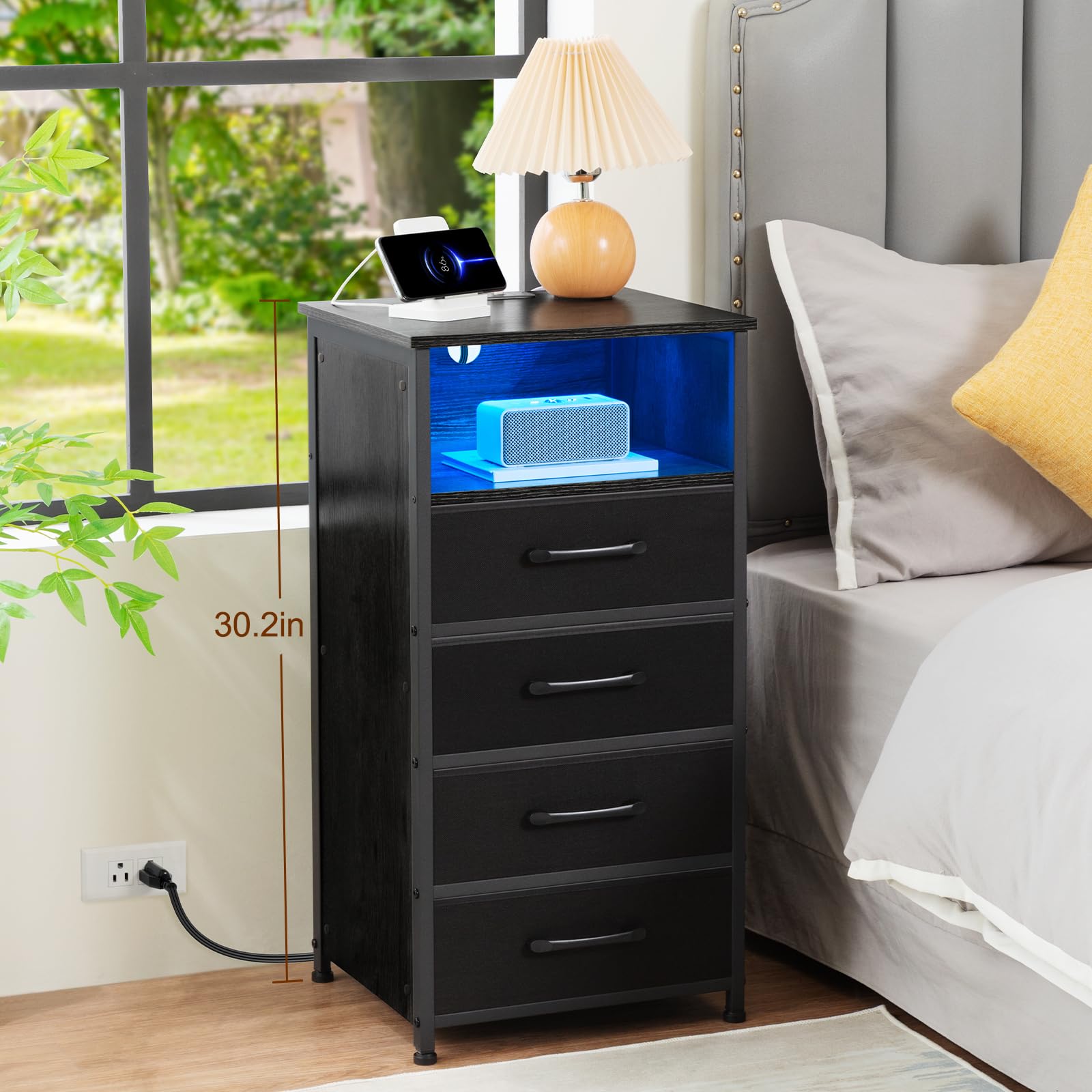 Modern Night Stand Set of 2 with USB Charging Station & LED Lights - Tall Bedside Tables with 4 Drawers & Storage Bins - Black Bedroom Dresser with Outlets (HNS034BK) - Perfect for Small Spaces, Guest Rooms & Apartment Bedrooms