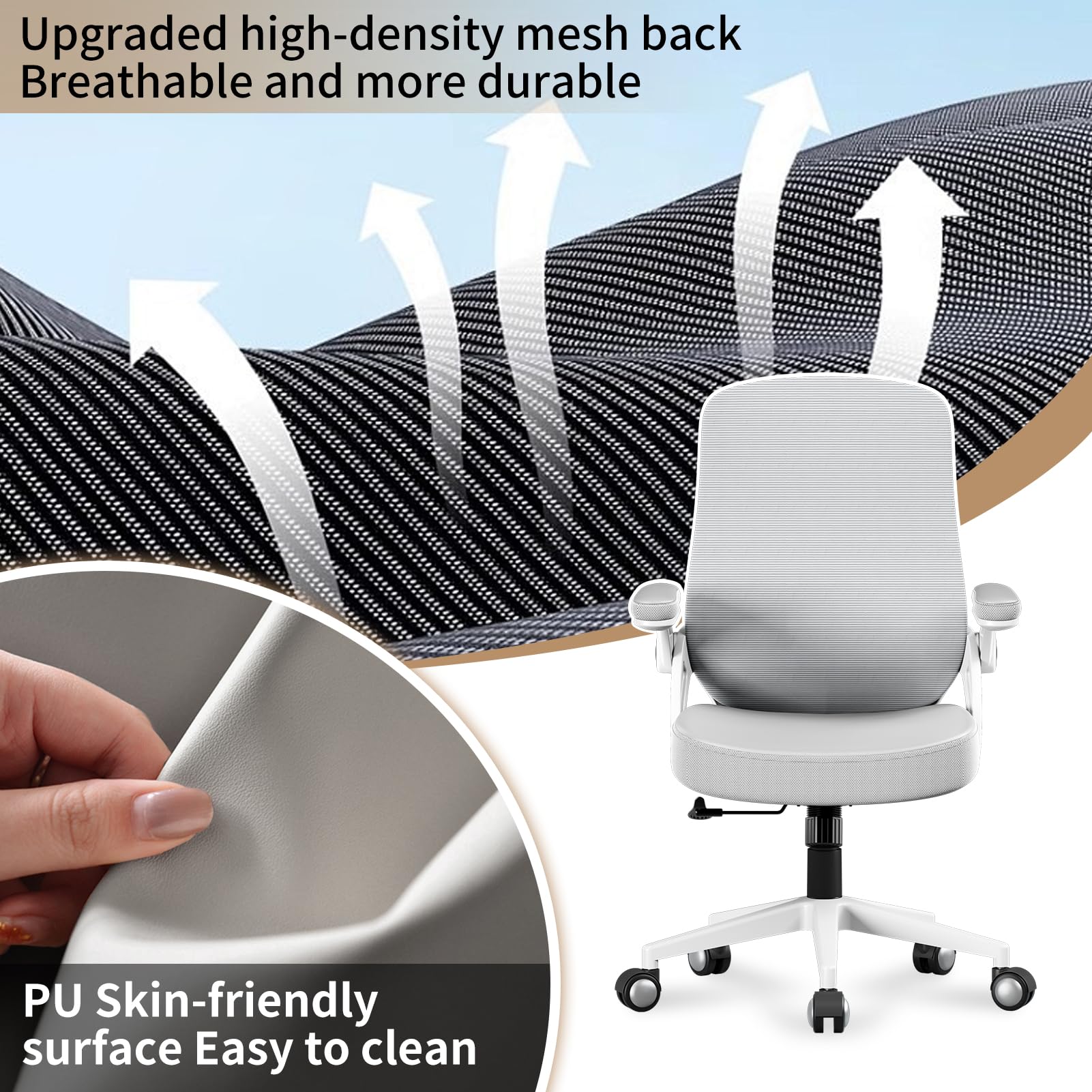 Ergonomic Office Chair with Adjustable Lumbar Support - PU Leather & Mesh Mid-Back Computer Desk Chair with Flip-Up Armrests - Comfortable Executive Task Chair for Home & Office Workspace (Grey) - Perfect for Long Hours of Sitting, Gaming, and Remote Work