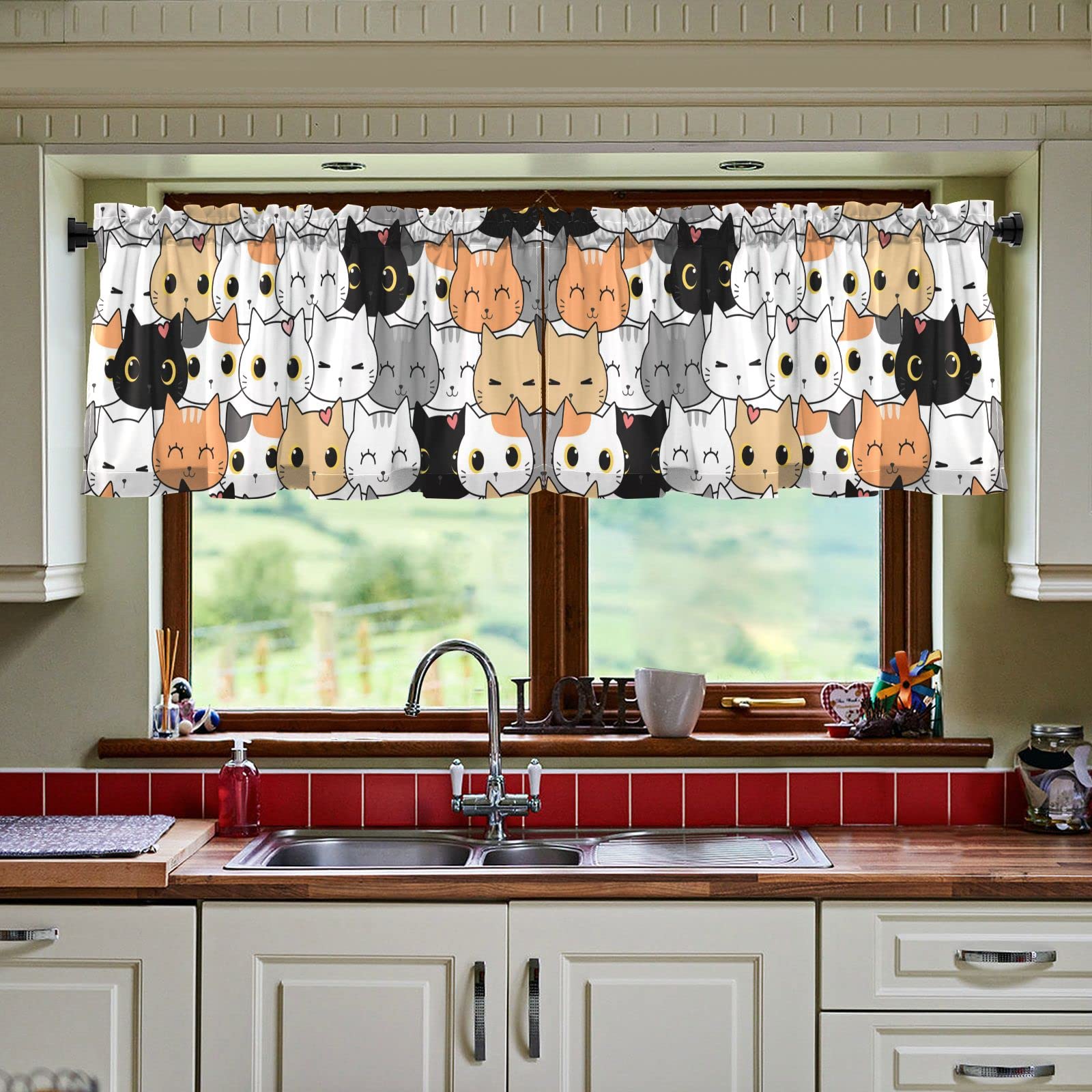 Sinestour Cat Kitten Cartoon Kitchen Curtains - Washable Short Cafe Curtains for Small Windows (57x36 Inch, 2 Panels) - Perfect for Farmhouse, Kitchen, Bathroom & Basement Half Windows | Cute Home Decor & Window Treatment